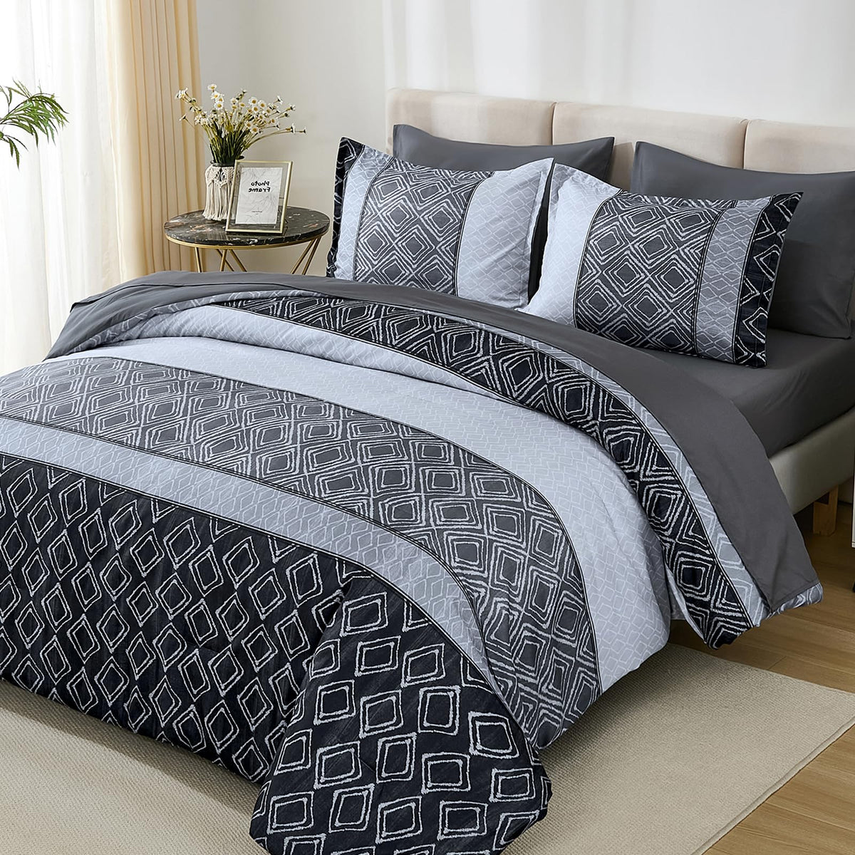 Black/Gray King Size Comforter Set,Boho Bed In A Bag King 7 Pieces Warm Striped Bedding Comforters Sets Fall Bed Set Complete De