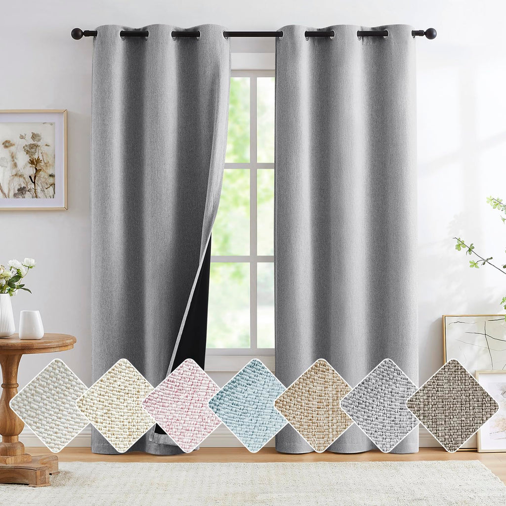 Grey Full Blackout Linen Curtains For Bedroom, Small Thermal Insulated Noise Reducing Curtain Drapes Rustic Farmhouse Triple Wea