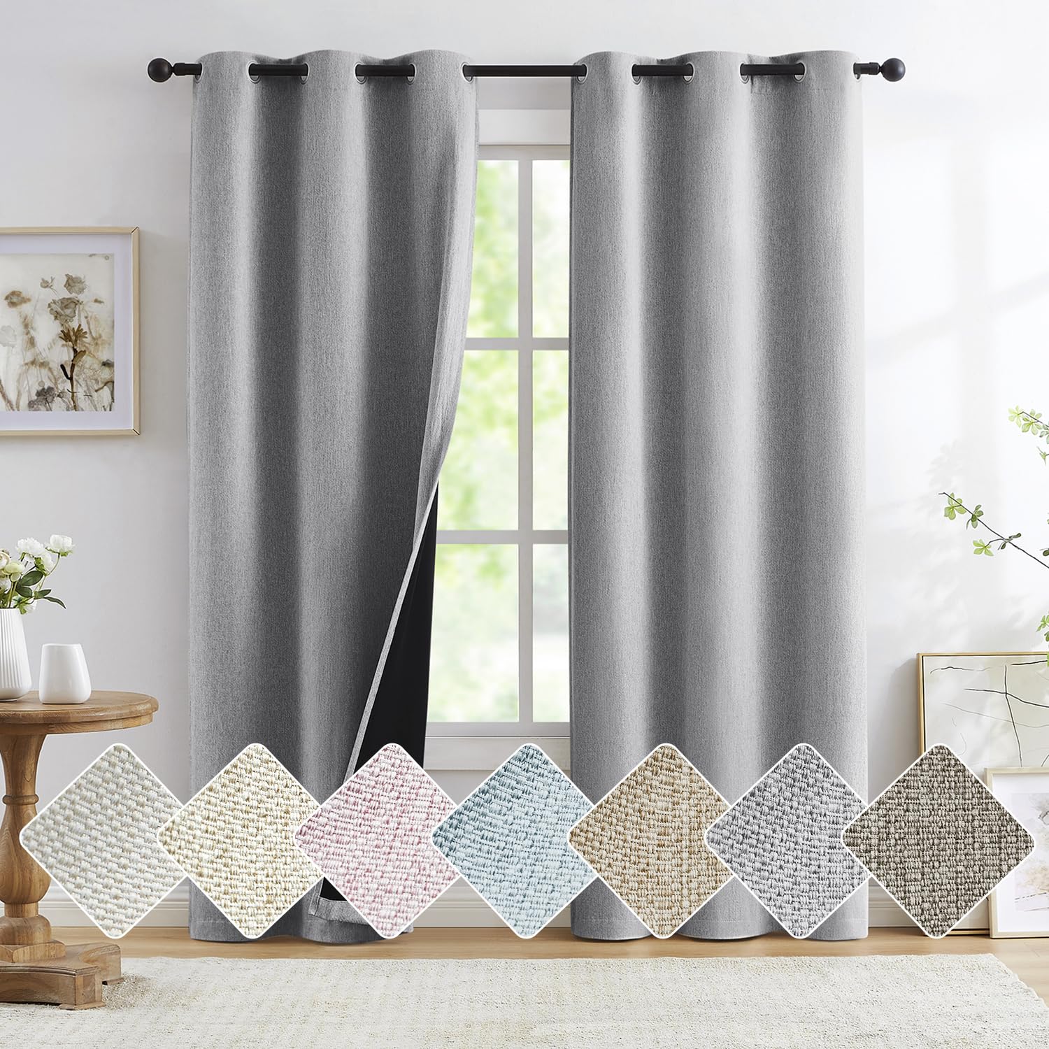 Grey Full Blackout Linen Curtains For Bedroom, Small Thermal Insulated Noise Reducing Curtain Drapes Rustic Farmhouse Triple Wea