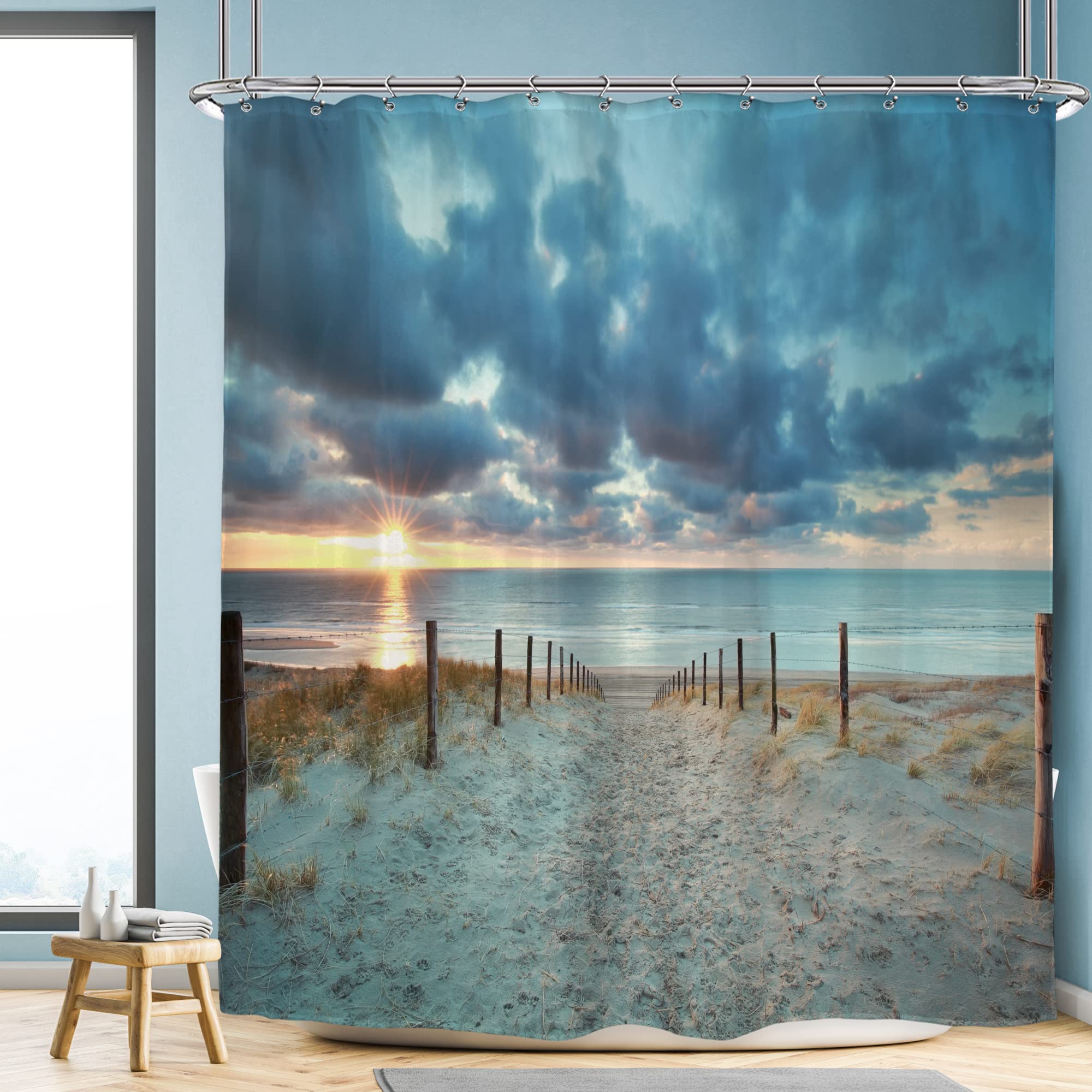 Riyidecor Ocean Beach Shower Curtain 72Wx72H Sunset Summer Sunrise Hawaiian Scenic Blue Sky Seaside Cool Sea Landscape Sand Deco