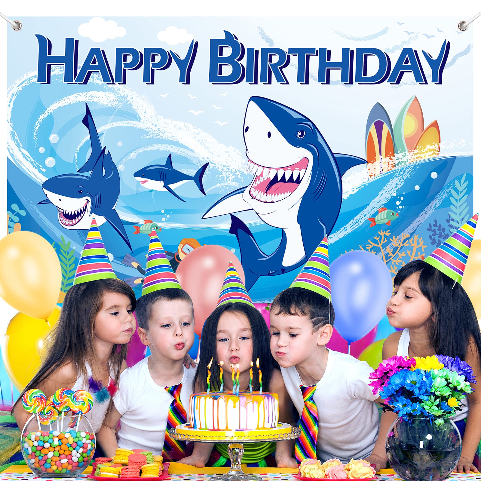 Shark Backdrop For Photo Booth, Shark Happy Birthday Banner, Shark Themed Under The Sea Background Birthday Sign Party Decoratio