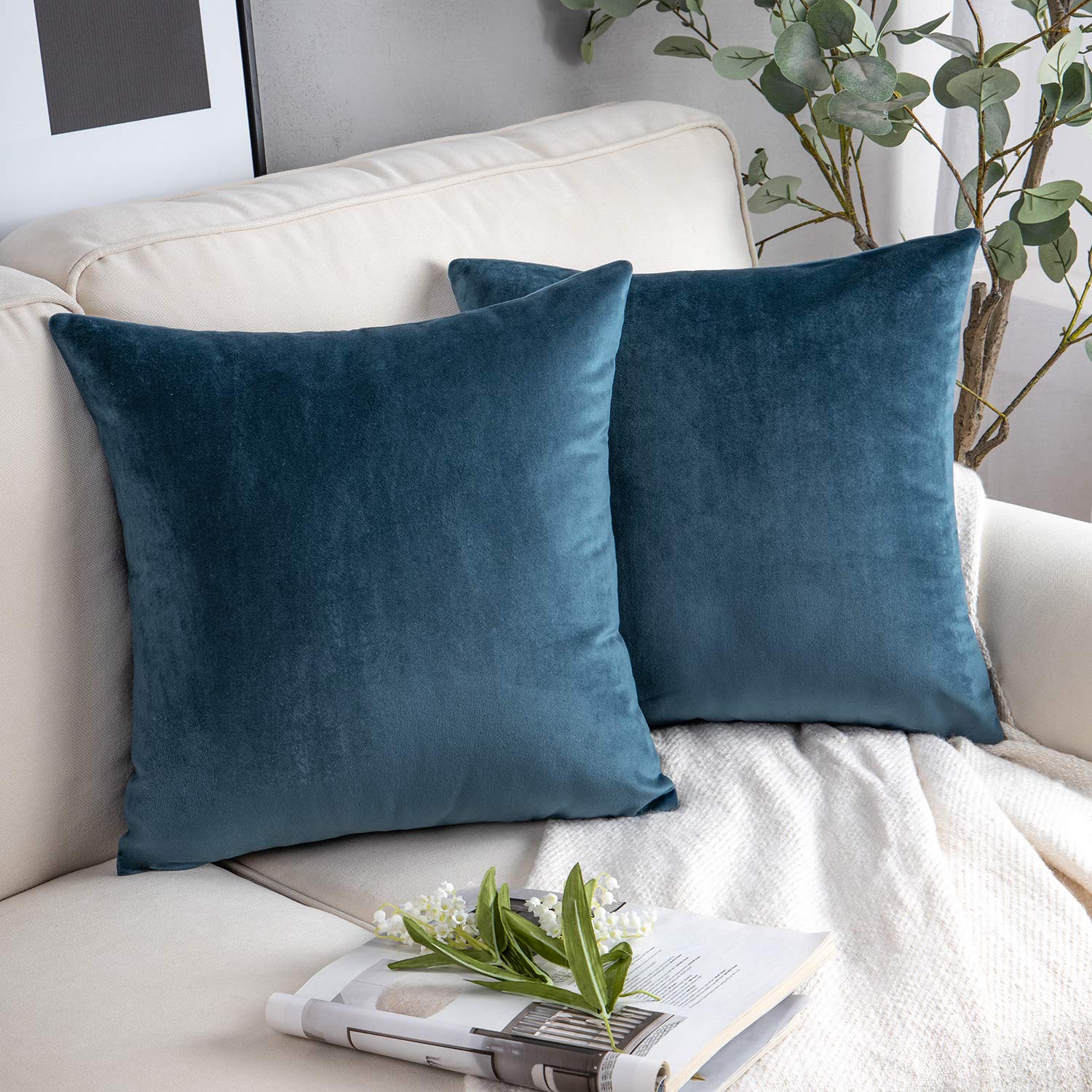 Phantoscope Pack Of 2 Velvet Decorative Throw Decorative Pillow Cover Soft Solid Square Cushion Case For Couch Dark Blue 22 X 22