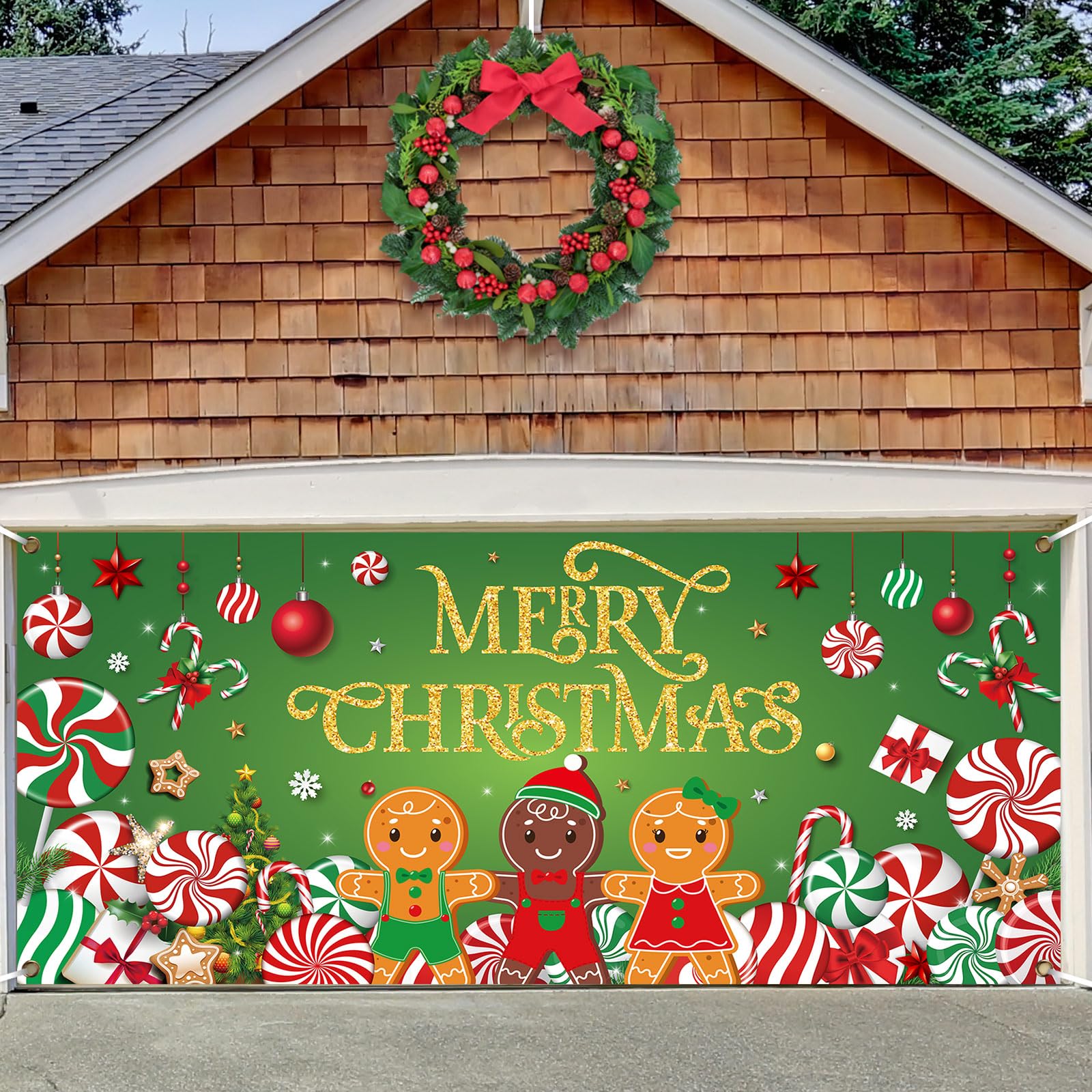 Preboun Christmas Candy Garage Door Decoration Merry Christmas Garage Door Banner Cover Peppermint Candy Cane Gingerbread Man Ga