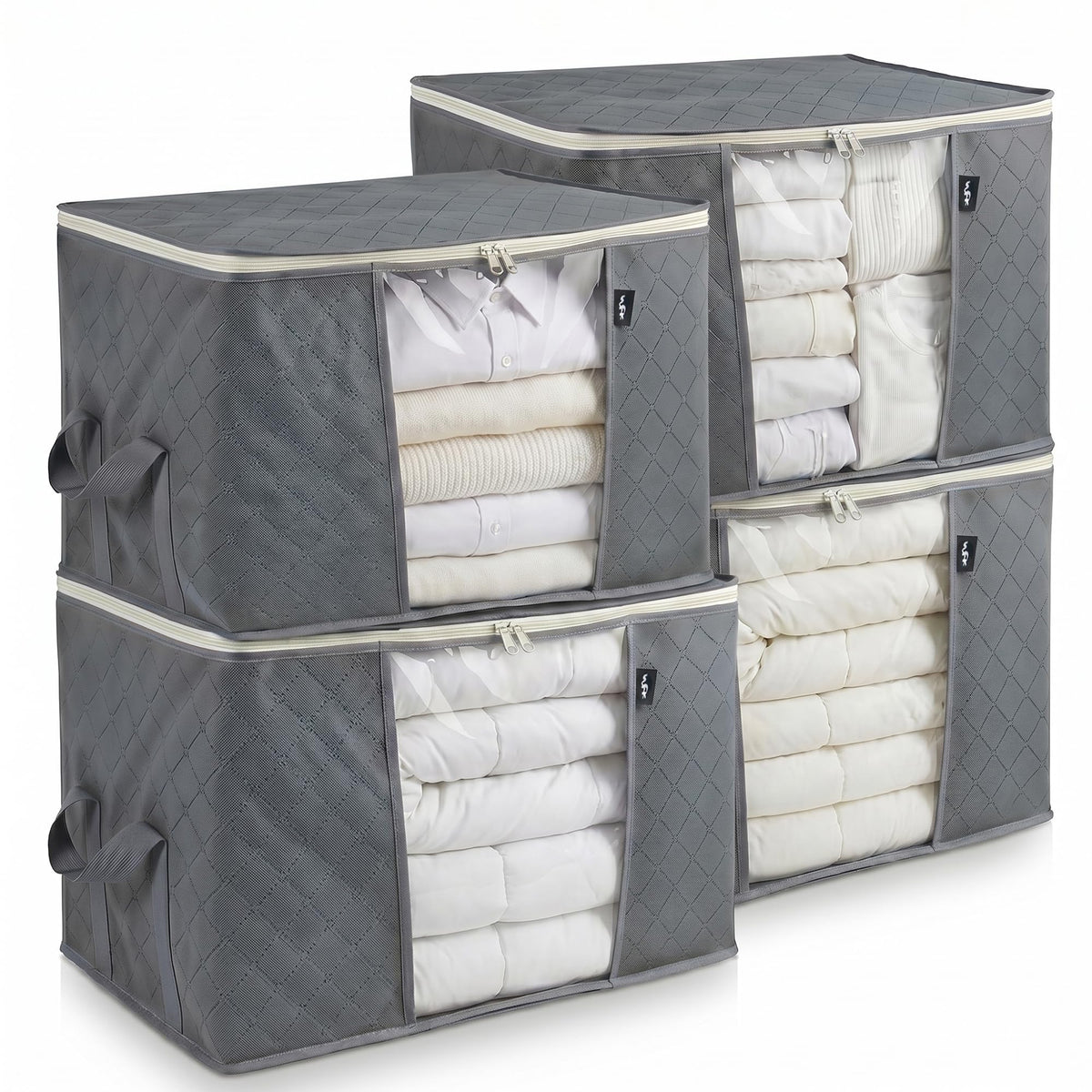 WFK Storage Organizers 4 Pack, 60L Foldable Bins with Handles, Gray