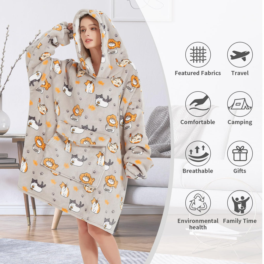 Fiosnow Cat Blanket Hoodies For Women And Men Adult Oversize Wearable Blanket Hoodies For Soft And Warm