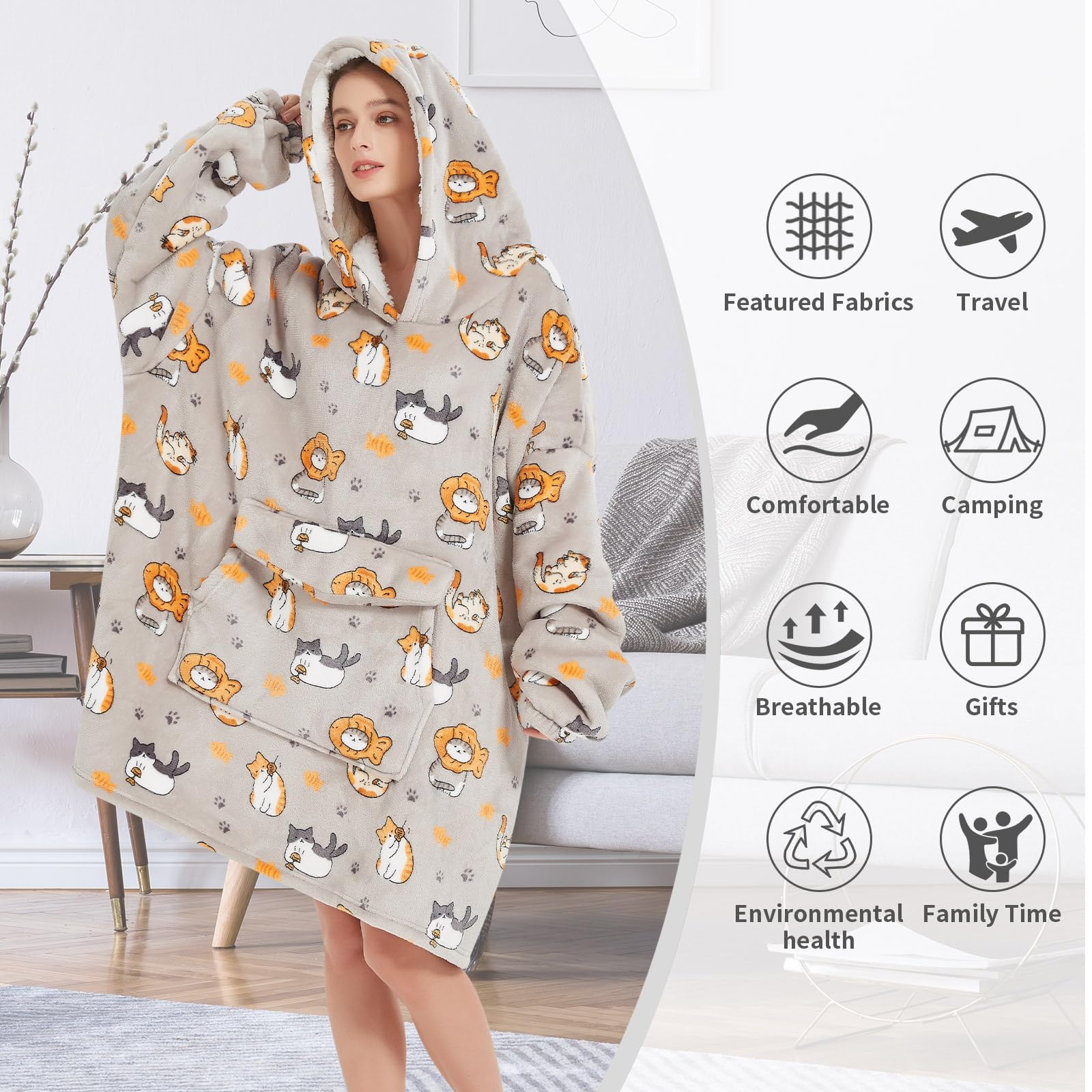 Fiosnow Cat Blanket Hoodies For Women And Men Adult Oversize Wearable Blanket Hoodies For Soft And Warm