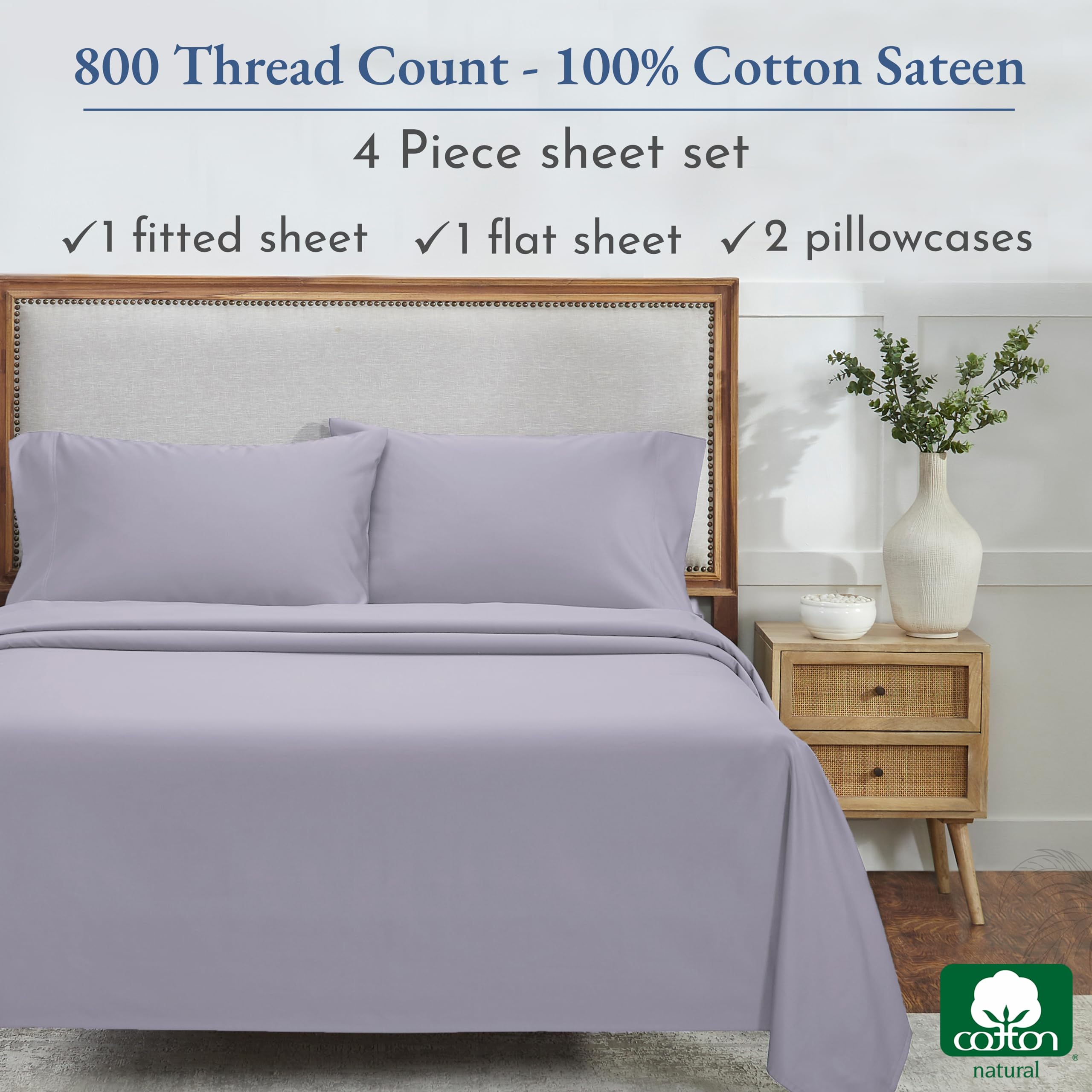 California Design Den Cal King Cotton Sheets - Luxury 800 Thread Count, 100% Cotton Sateen Bedding - Deep Pocket California King Sheet Set, Cooling & Softer Than Egyptian Cotton Sheets (Lavender)