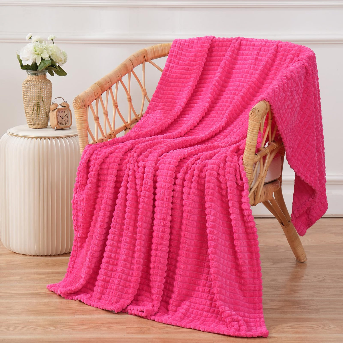 Puncuntex Flannel Fleece Throw Blanket Hot Pink 60''  80'',Super Soft Plush Cozy Blanket With Square Grid Design Luxury For Couc
