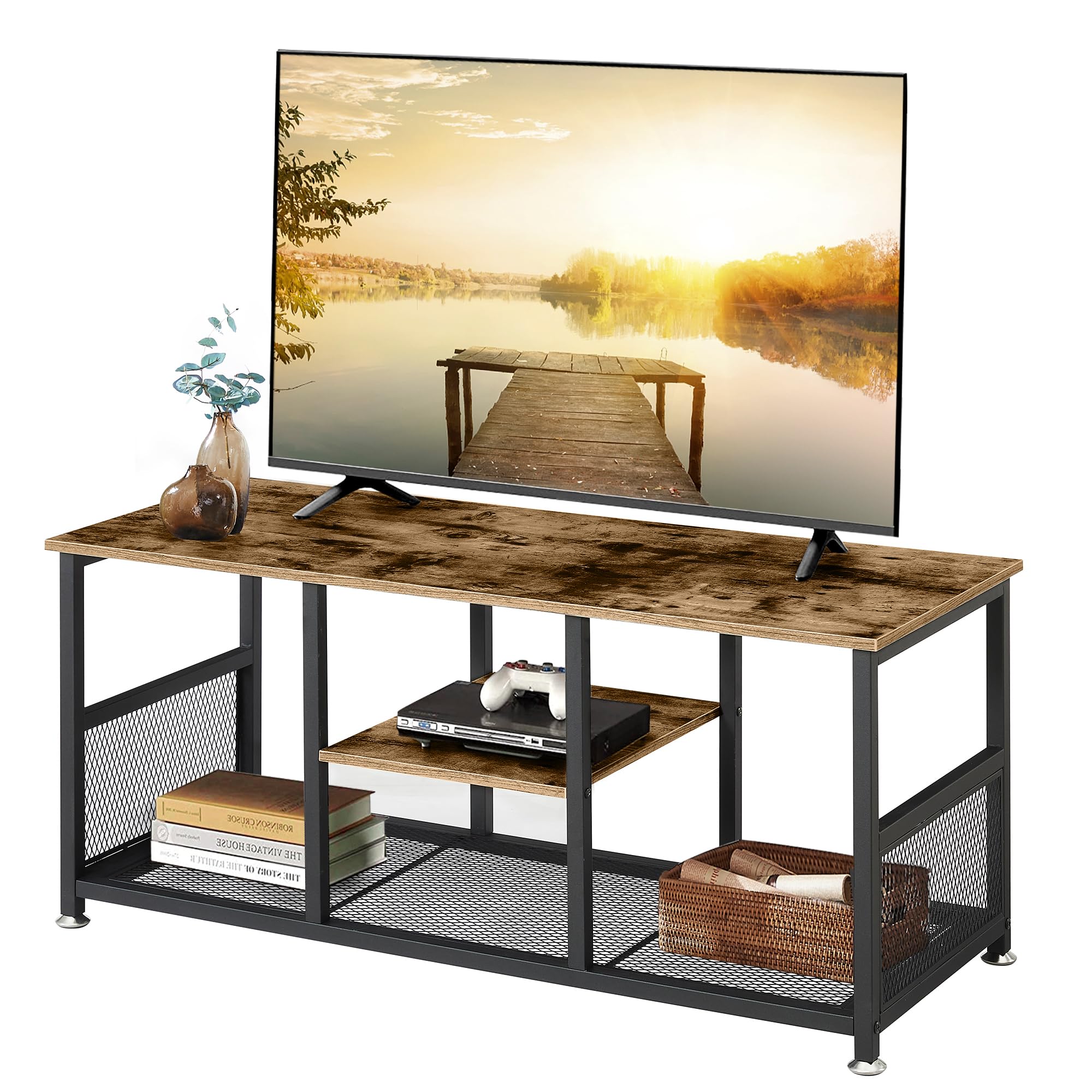 VECELO TV Stand Up to 50 Inches, 39 Inch Industrial Entertainment Center Media Console with Open Storage Shelves, Wooden Coffee 