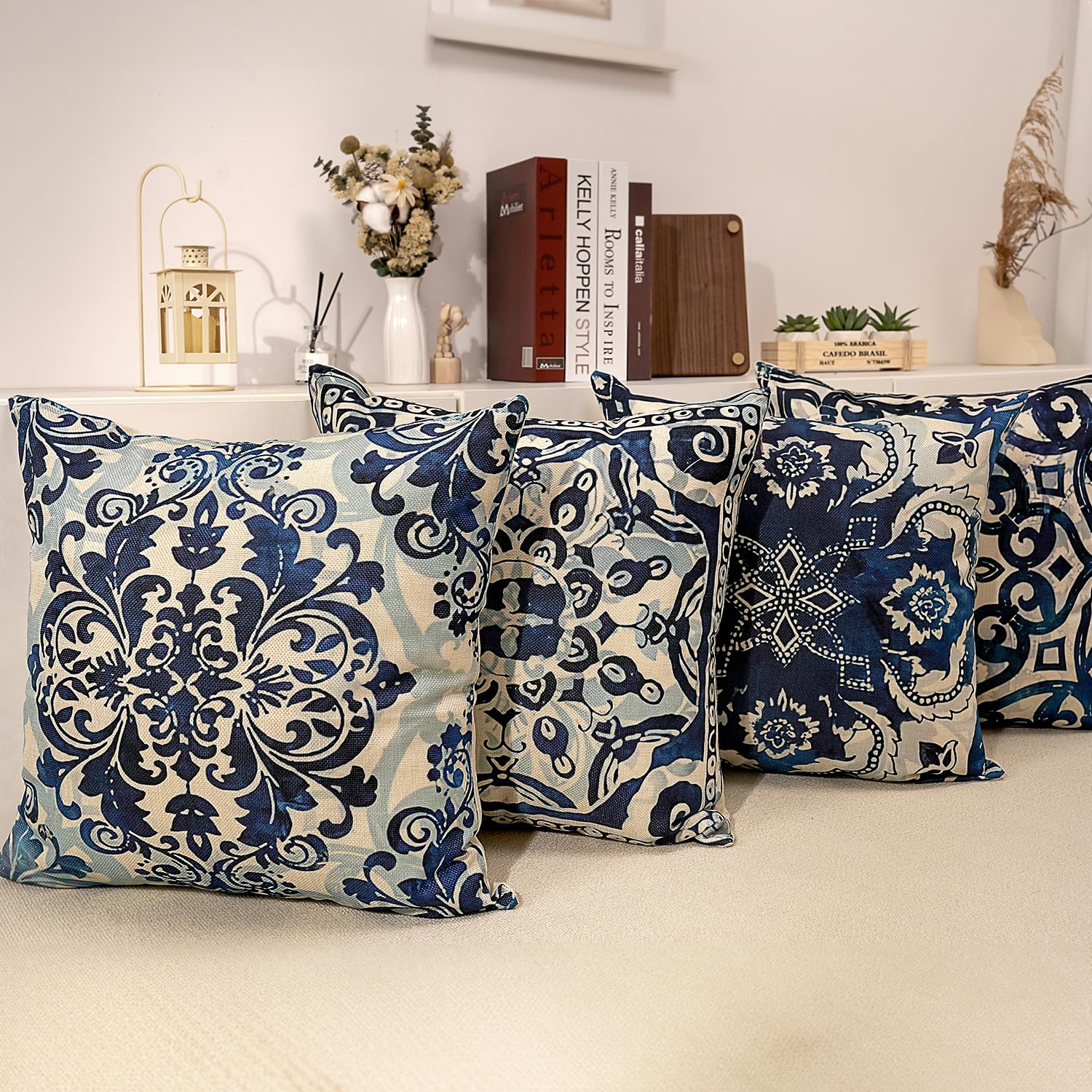 M-Qizi Blue Throw Pillow Covers - Linen Blue Pillow Covers 18X18 Set Of 4, Decorative Blue And White Pillow Covers, Chinoiserie