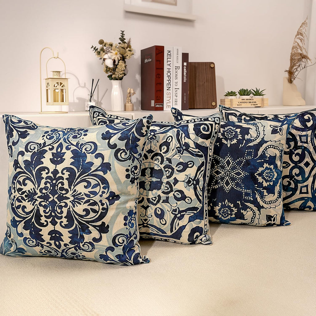 M-Qizi Blue Throw Pillow Covers - Linen Blue Pillow Covers 18X18 Set Of 4, Decorative Blue And White Pillow Covers, Chinoiserie