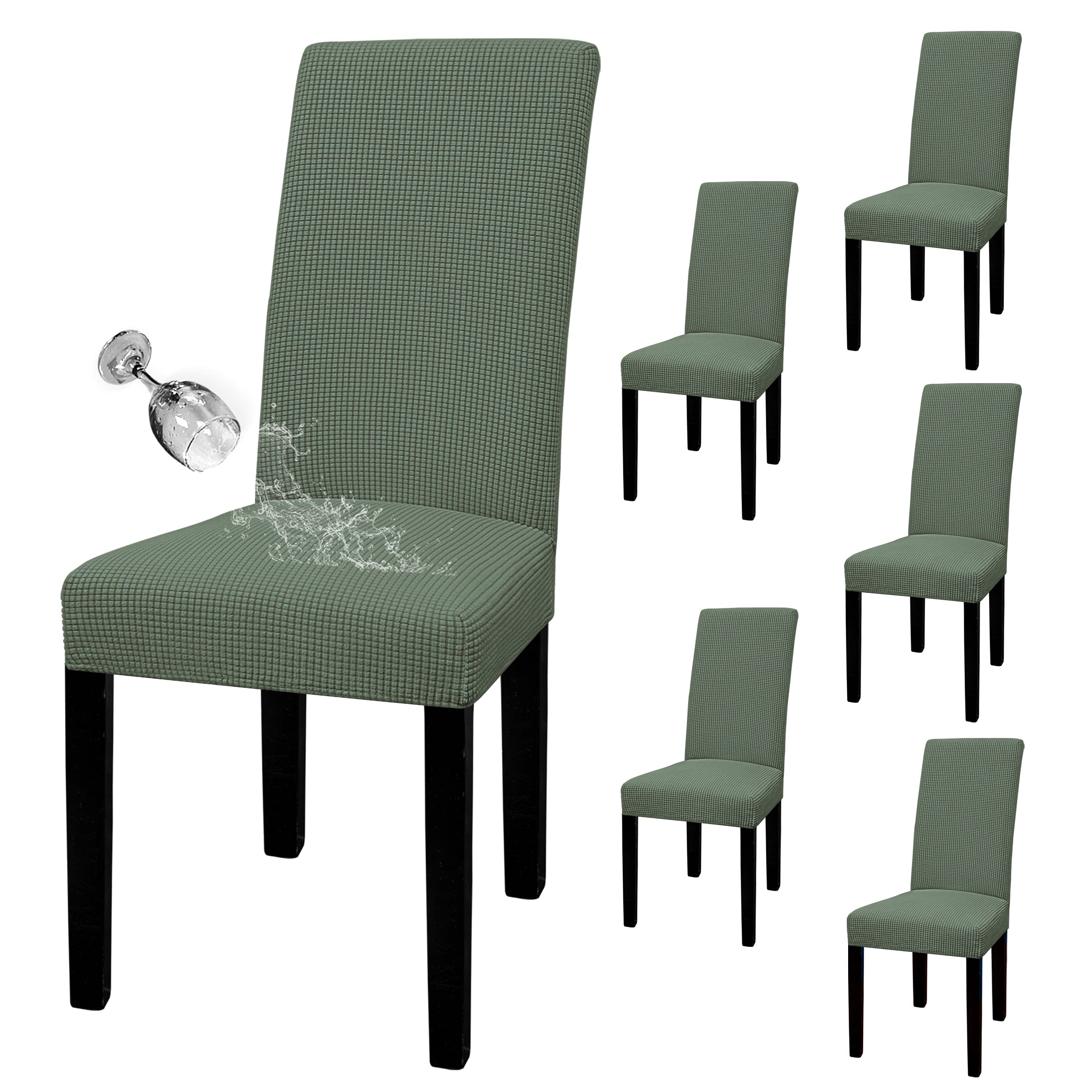 Easy-Going 100% Waterproof Dining Room Chair Cover Set Of 6, Stretch Jacquard Parson Chair Slipcover Removable Washable Chair Protector For Home, Restaurant, Banquet (Large, Grayish Green)