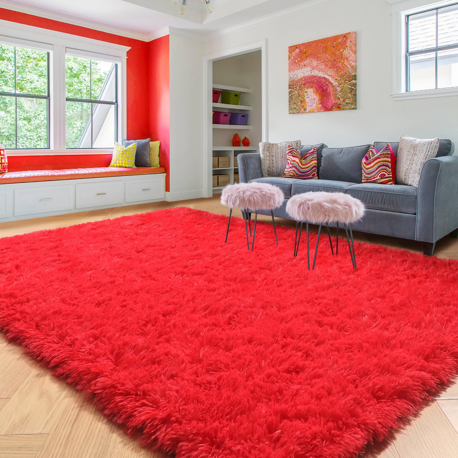 Amdrebio Red Area Rugs for Living Room, Red Rugs for Bedroom, Red Carpet, Christmas Rug 5x8, Fuzzy Furry Rug for Kids Room, Fluf