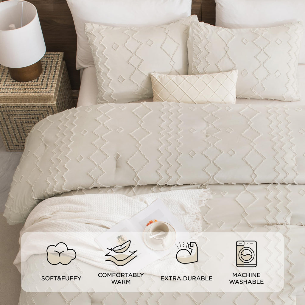 Andency King Comforter Set Beige, Textured Farmhouse 3 Pieces Comforter (1 Boho Comforter, 2 Pillowcases), Soft Microfiber Down Alternative Geometric Comforter Bedding Set (104X90 Inch)
