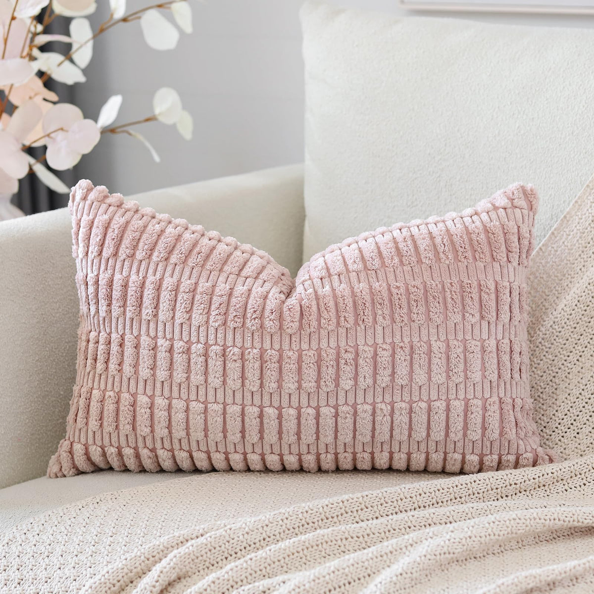 Otostar Corduroy Decorative Throw Pillow Covers 12X20 Inch Super Soft Boho Striped Rectangle Pillow Covers Case Modern Cushion Covers For Sofa Couch Bedroom Car Decor Pink