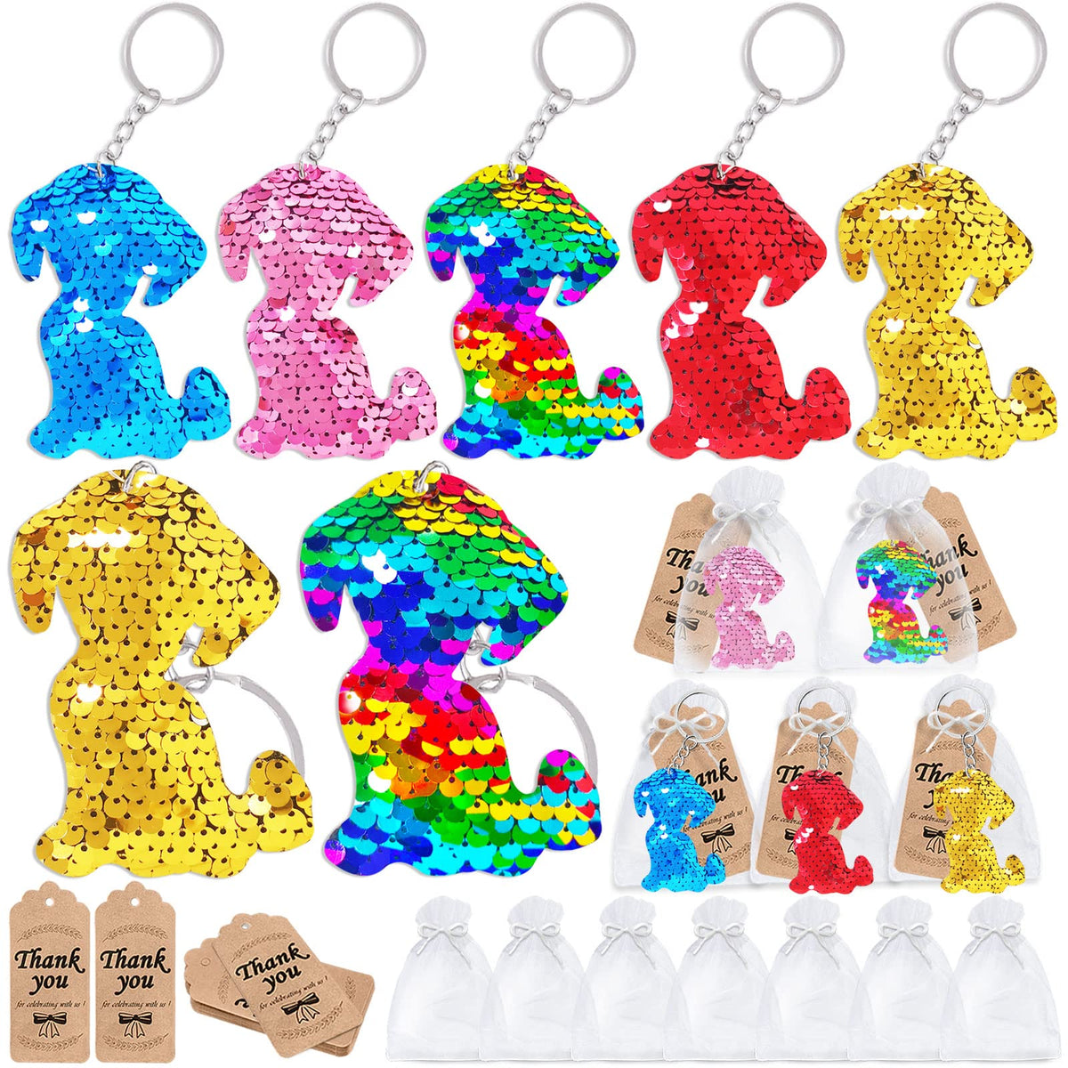 CiciBear 60 Pack DoubleDeck Sequin Keychains Set with 20 Dog Keychains, 20 Thank You Tags and 20 Bags for Lets Pawty, Dog Dogg