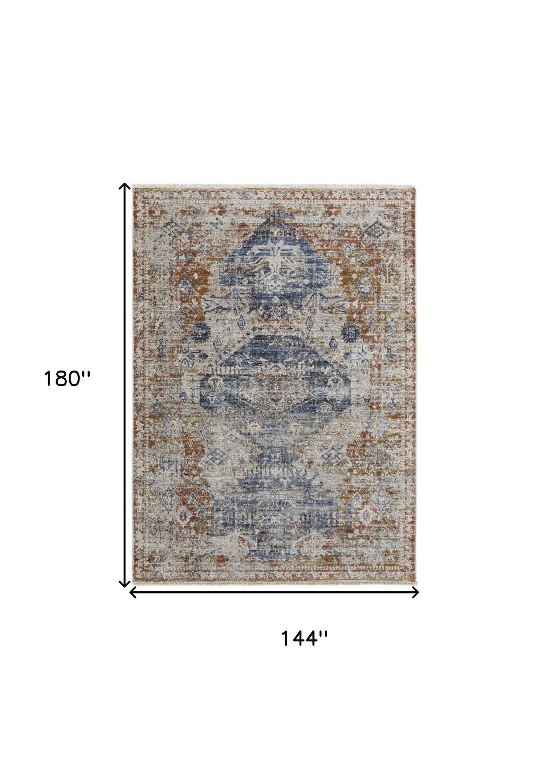10' Ivory Orange And Blue Floral Power Loom Distressed Runner Rug With Fringe
