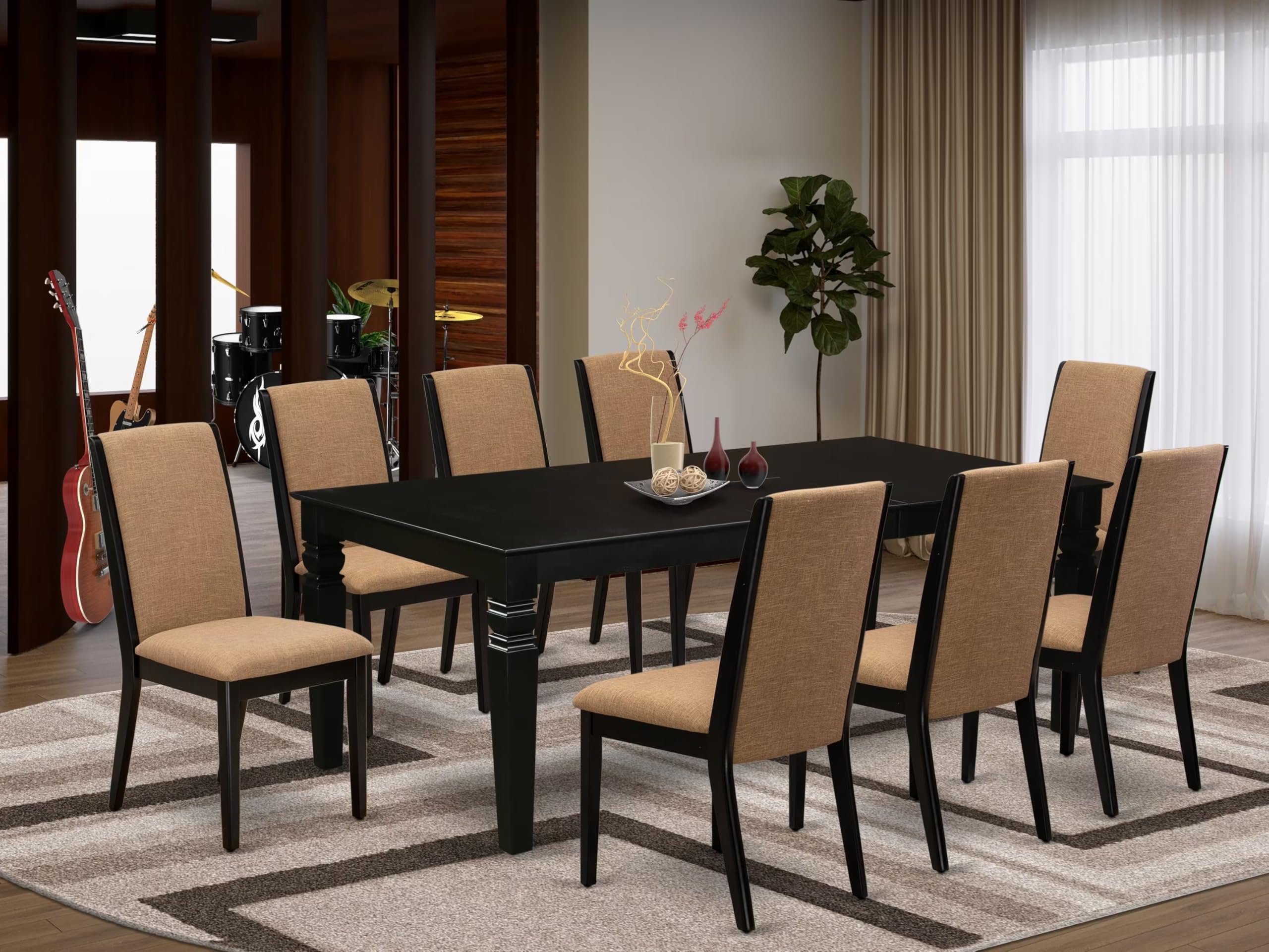 East West Furniture Lgla9-Blk-47 9 Piece Dining Table Set Includes A Rectangle Kitchen Table With Butterfly Leaf And 8 Light Sable Linen Fabric Upholstered Chairs, 42X84 Inch, Black