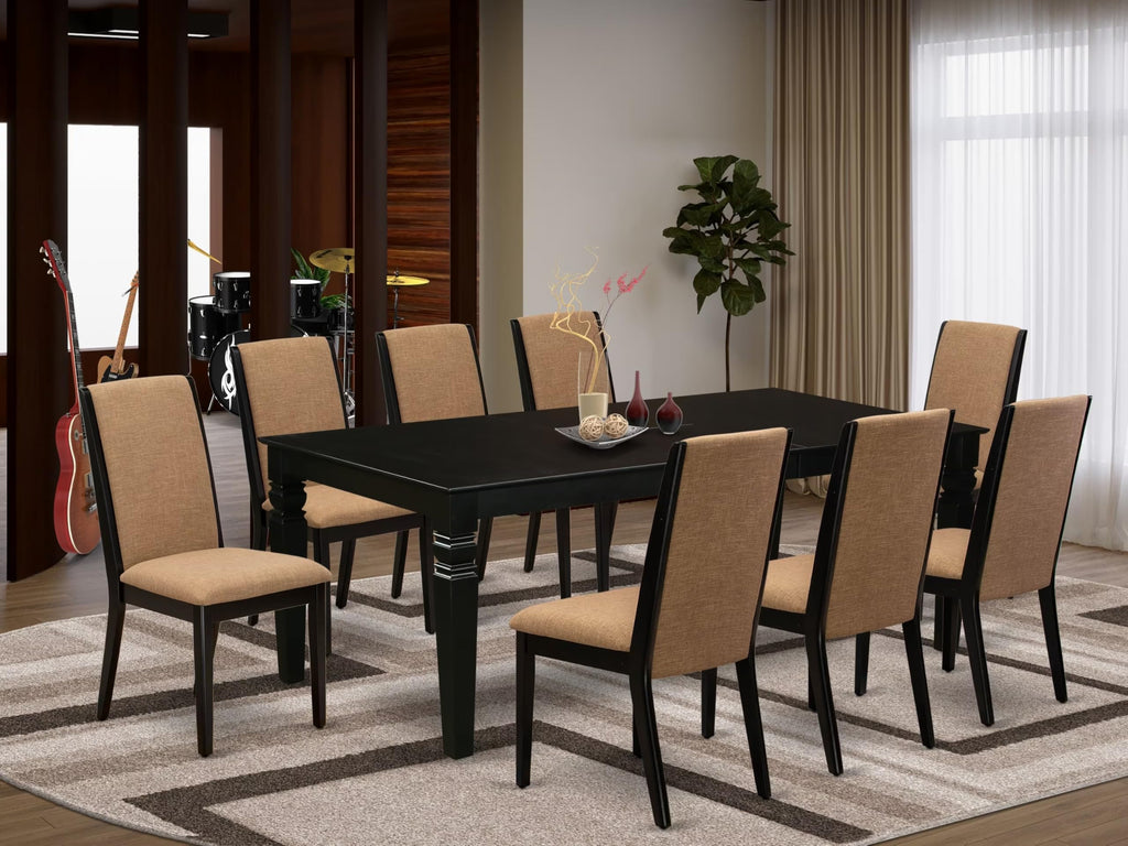 East West Furniture Lgla9-Blk-47 9 Piece Dining Table Set Includes A Rectangle Kitchen Table With Butterfly Leaf And 8 Light Sable Linen Fabric Upholstered Chairs, 42X84 Inch, Black