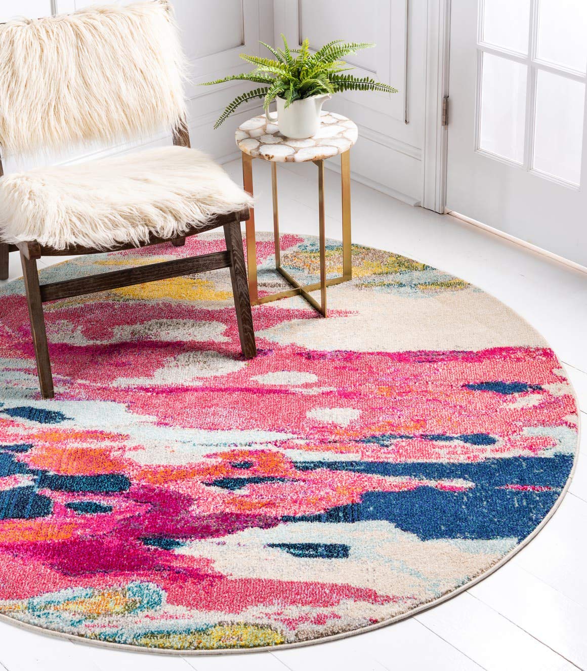 Unique Loom Estrella Collection Light Colors, Abstract, Modern, Vibrant Area Rug, 8 ft x 8 ft, Pink/Ivory