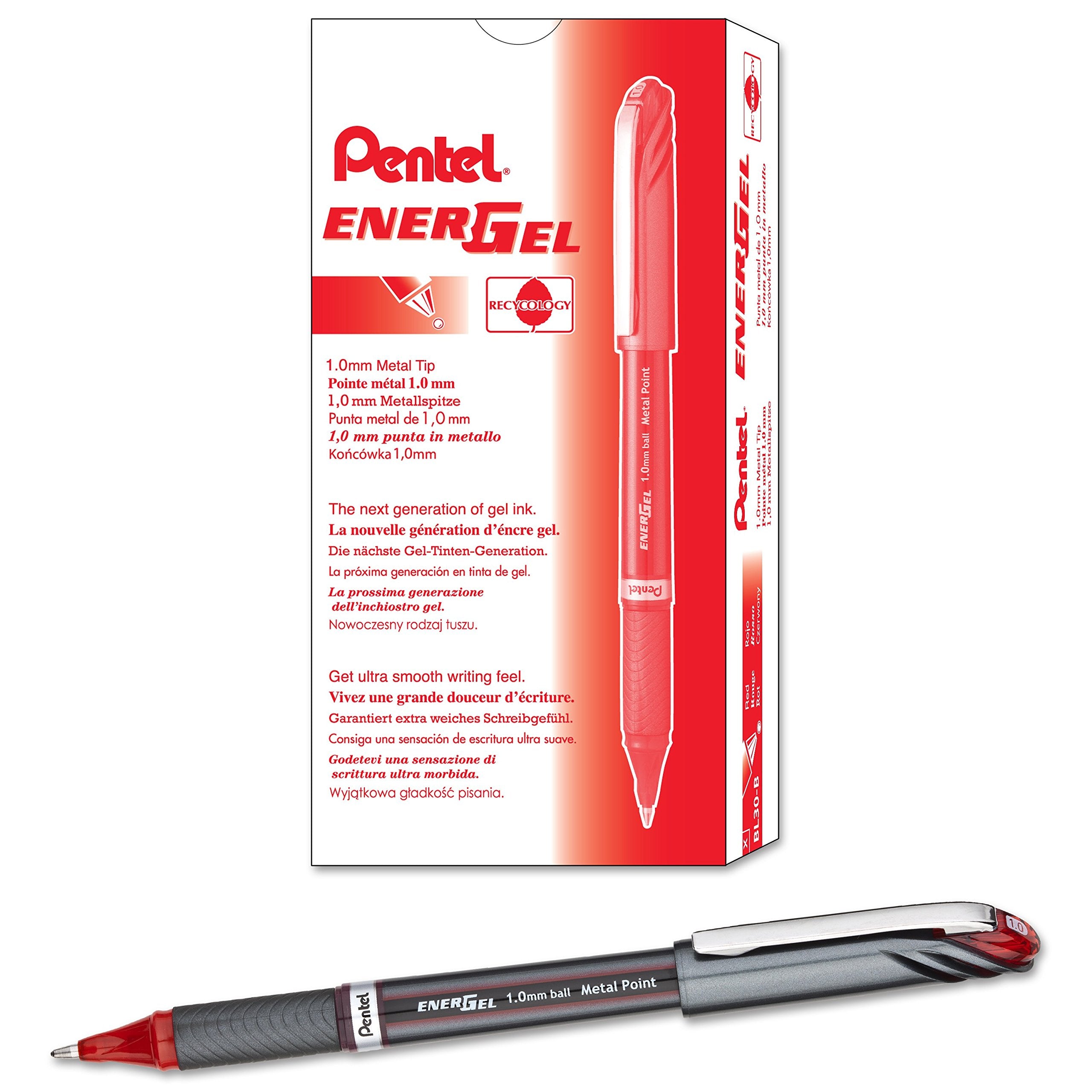 Pentel Energel Nv Gel Ink Pen, (1.0Mm) Bold Point Capped, Metal Tip, Red Ink, Box Of 12 (Bl30-B)