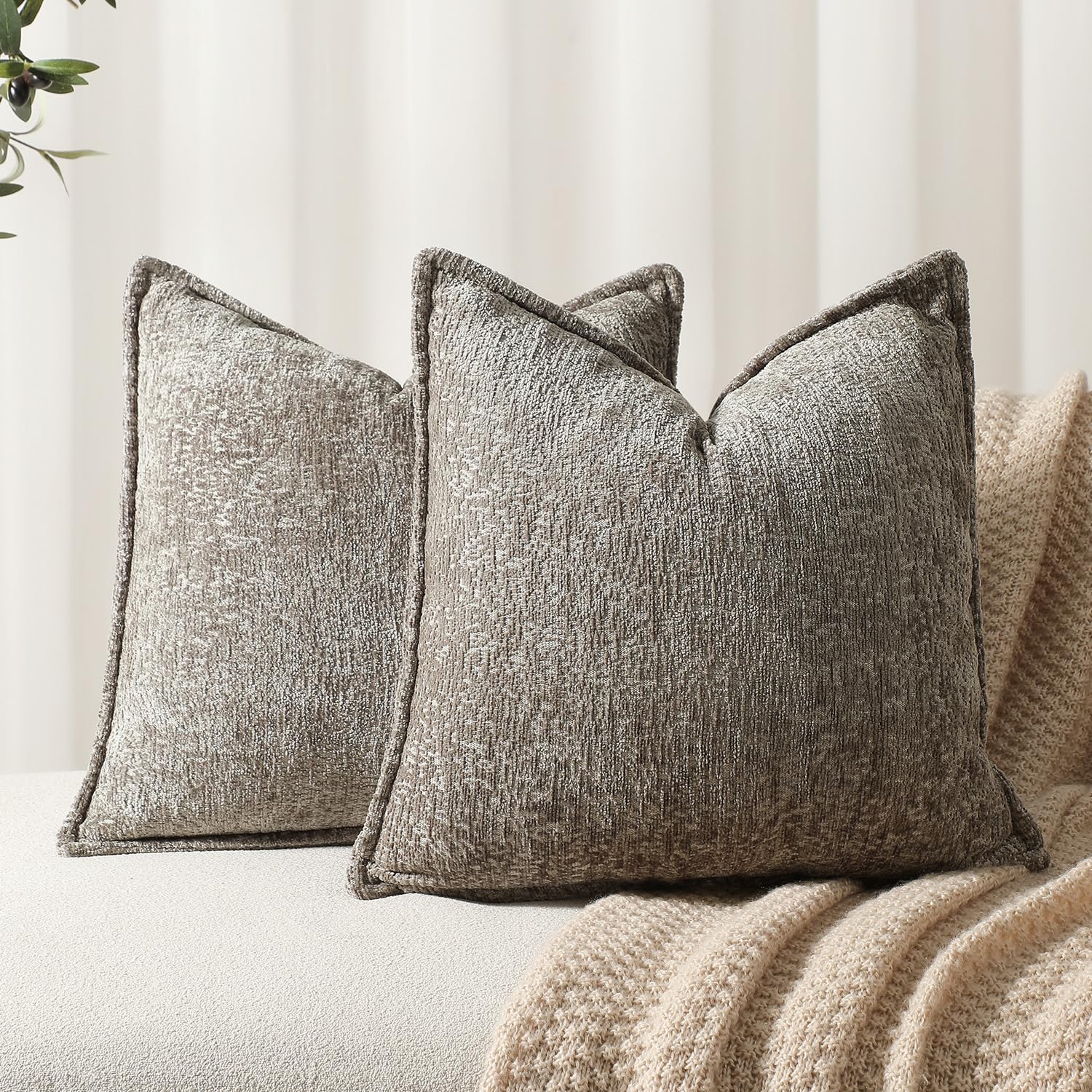 Dezene Pack Of 2 Grey Decorative Throw Pillow Covers 18X18 Cozy Soft Chenille Accent Vintage Square Couch Pillow Covers For Home