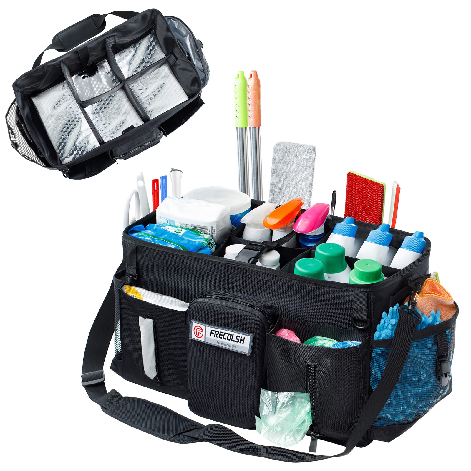 FRECOLSH Large Cleaning Supplies Organizer-Cleaning Caddy Organizer With Handles & Shoulder Strap-Cleaning Bags for Cleaning Sup