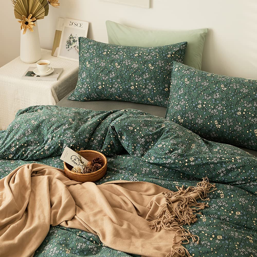Lifetb Green Floral Duvet Cover Jersey Knit Cotton Duvet Cover King Size Vintage Flower Botanical Bedding Set Soft T Shirt Cotto