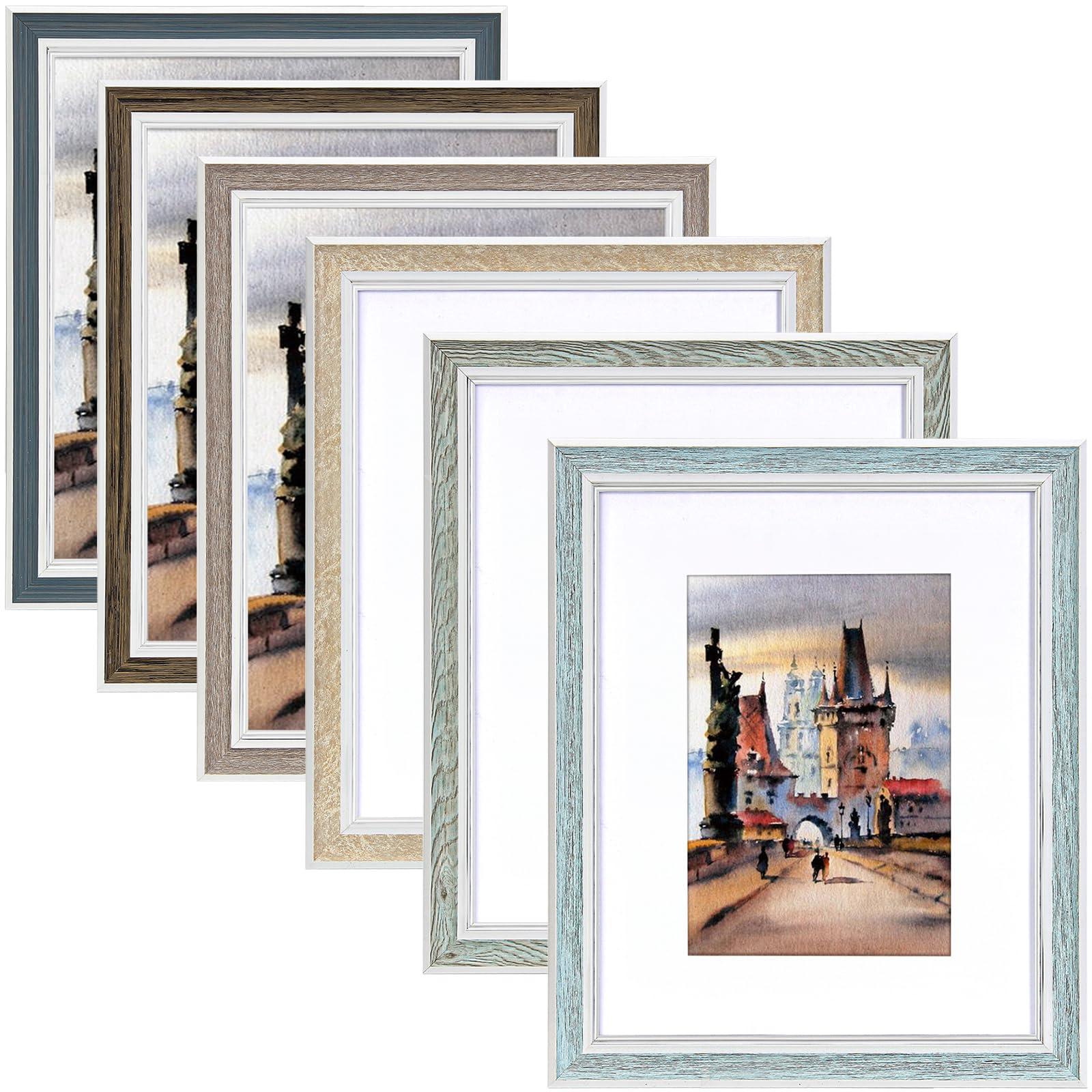 8x10 Picture Frame Set of 6, Rustic Farmhouse Photo Frame, Display 5x7 with Mat or 8x10 Without Mat for Decorative on Wall Hangi