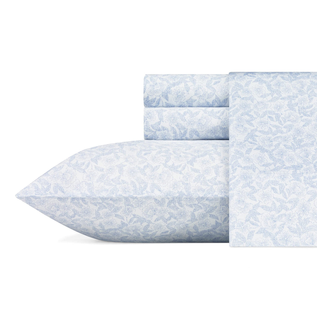 Laura Ashley Home - King Sheets, Soft Sateen Cotton Bedding Set - Sleek, Smooth, & Breathable Home Decor (Blossoming Blue,4 Pcs,