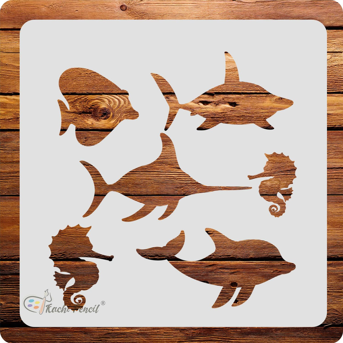 Kachi Pencil Fish and Sea Art and Craft Stencils for Painting, Size 6 x 6 inch Reusable Stencil for Painting, Fabric, Glass, Wal