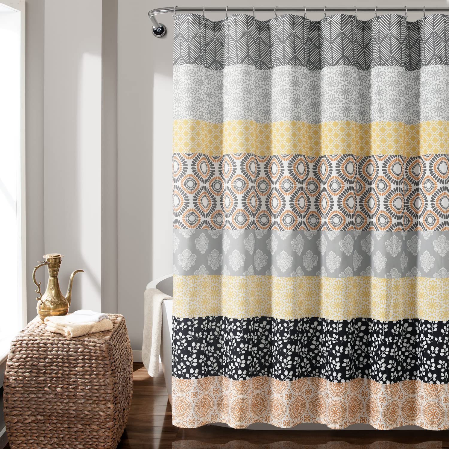 Lush Decor Bohemian Stripe Shower Curtain, 72' W X 72' L, Yellow & Gray - Boho Shower Curtain - Colorful Striped Bathroom Curt