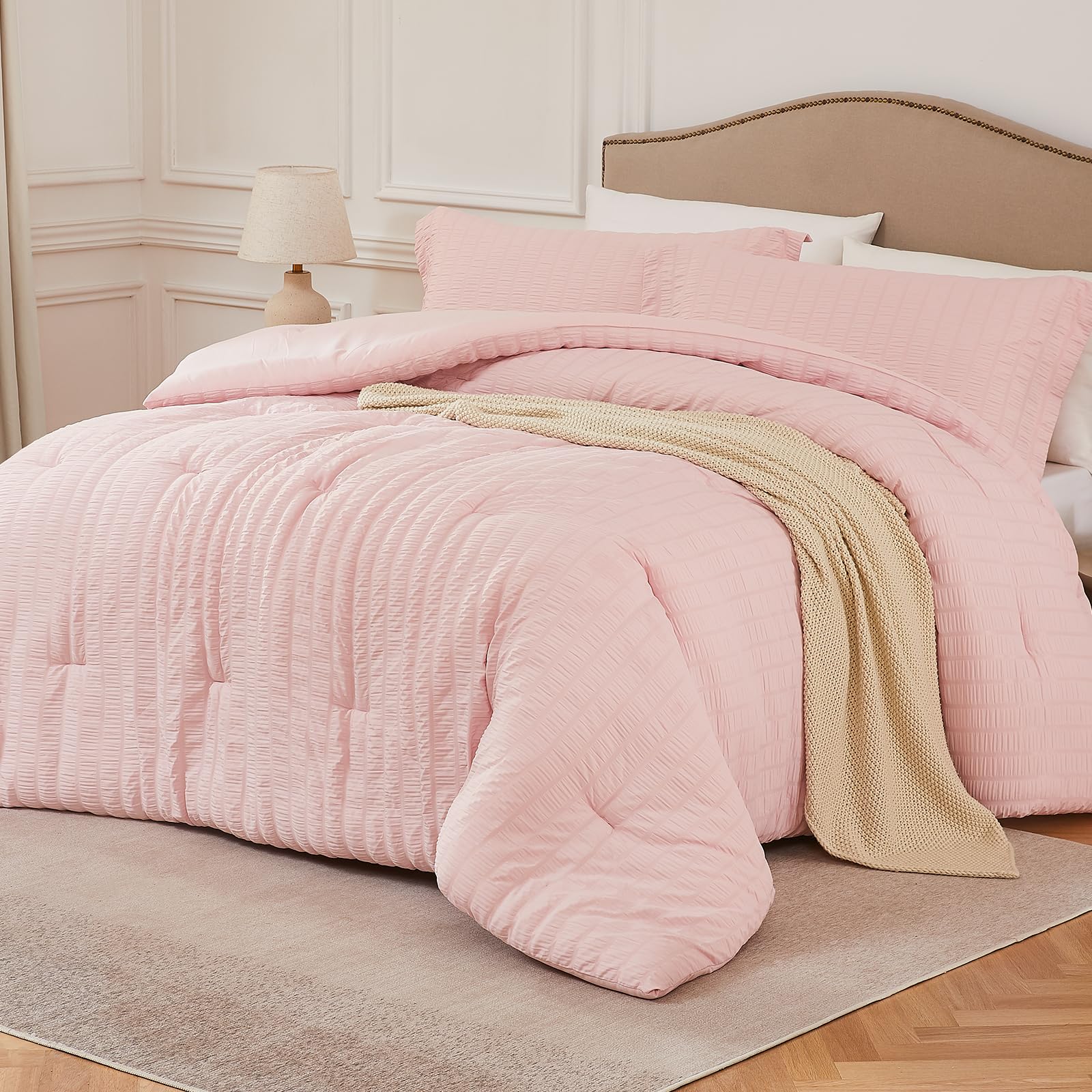 Quataly Pink Oversized Queen Comforter Set - 3 Pieces Seersucker Lightweight Bedding Comforter Sets (1 Soft Fluffy Comforter & 2