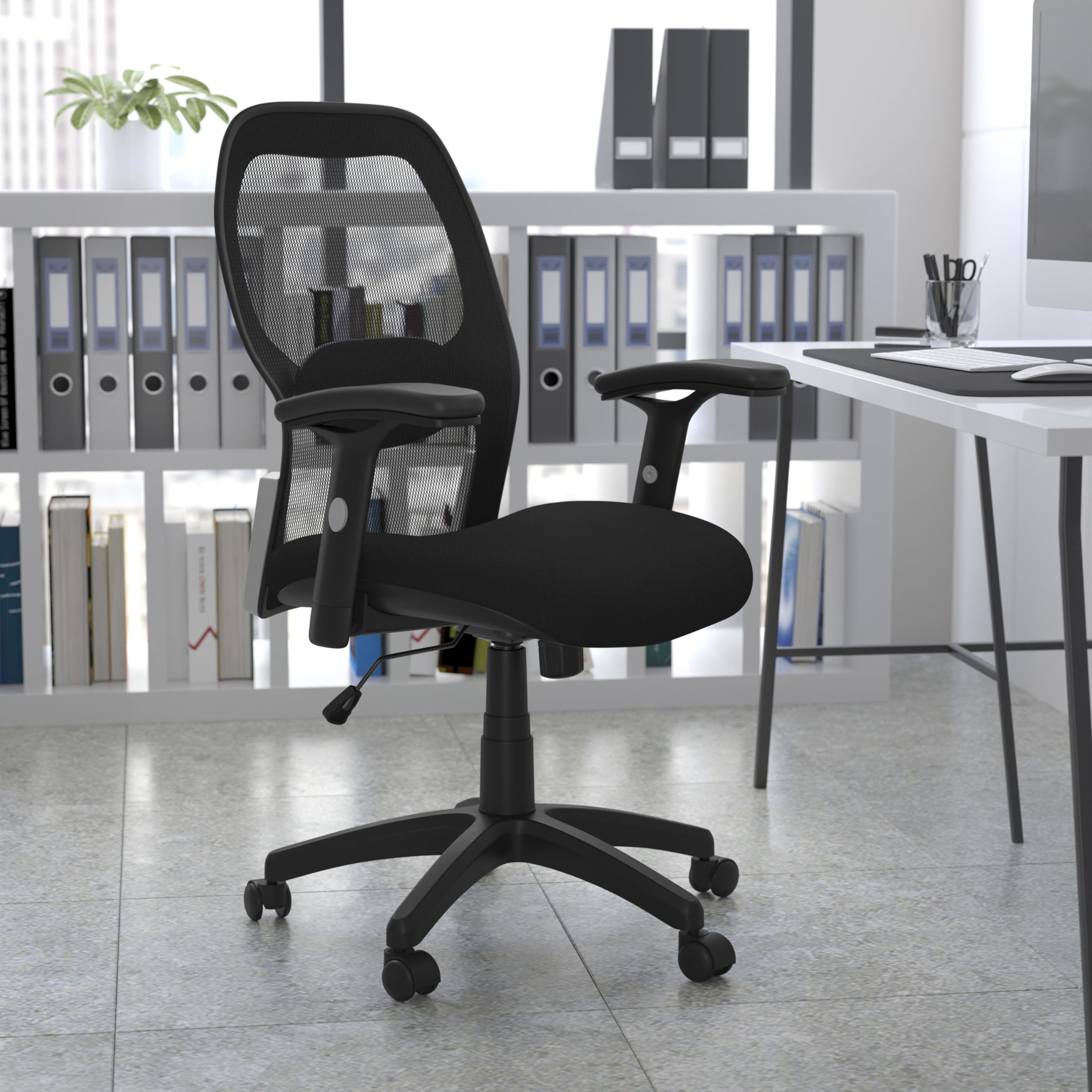 Flash Furniture Albert Mid-Back Black Super Mesh Executive Swivel Office Chair with Adjustable Lumbar & Arms