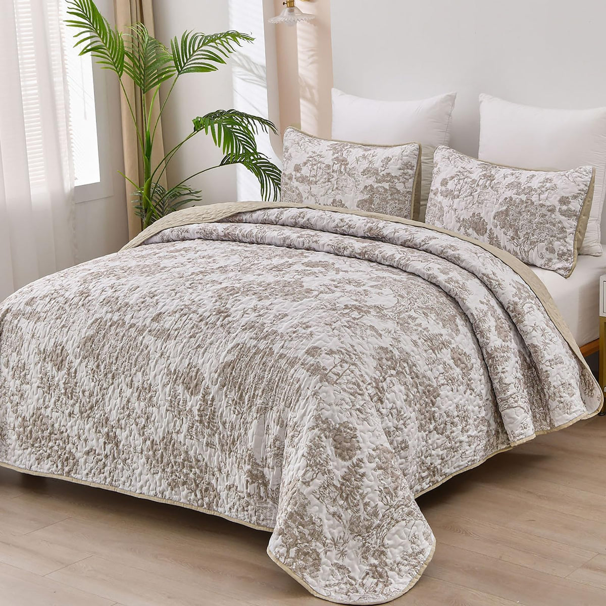 Wongs Bedding Botanical Quilt Set California King Size, Khaki 3 Pieces Floral Plants Printed Bedspread Bedding Set Soft Lightwei