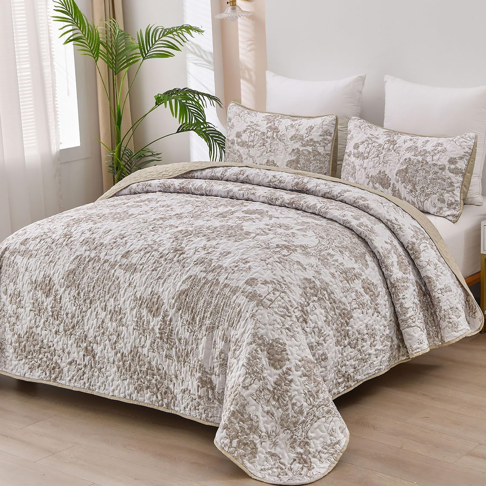 Wongs Bedding Botanical Quilt Set California King Size, Khaki 3 Pieces Floral Plants Printed Bedspread Bedding Set Soft Lightwei