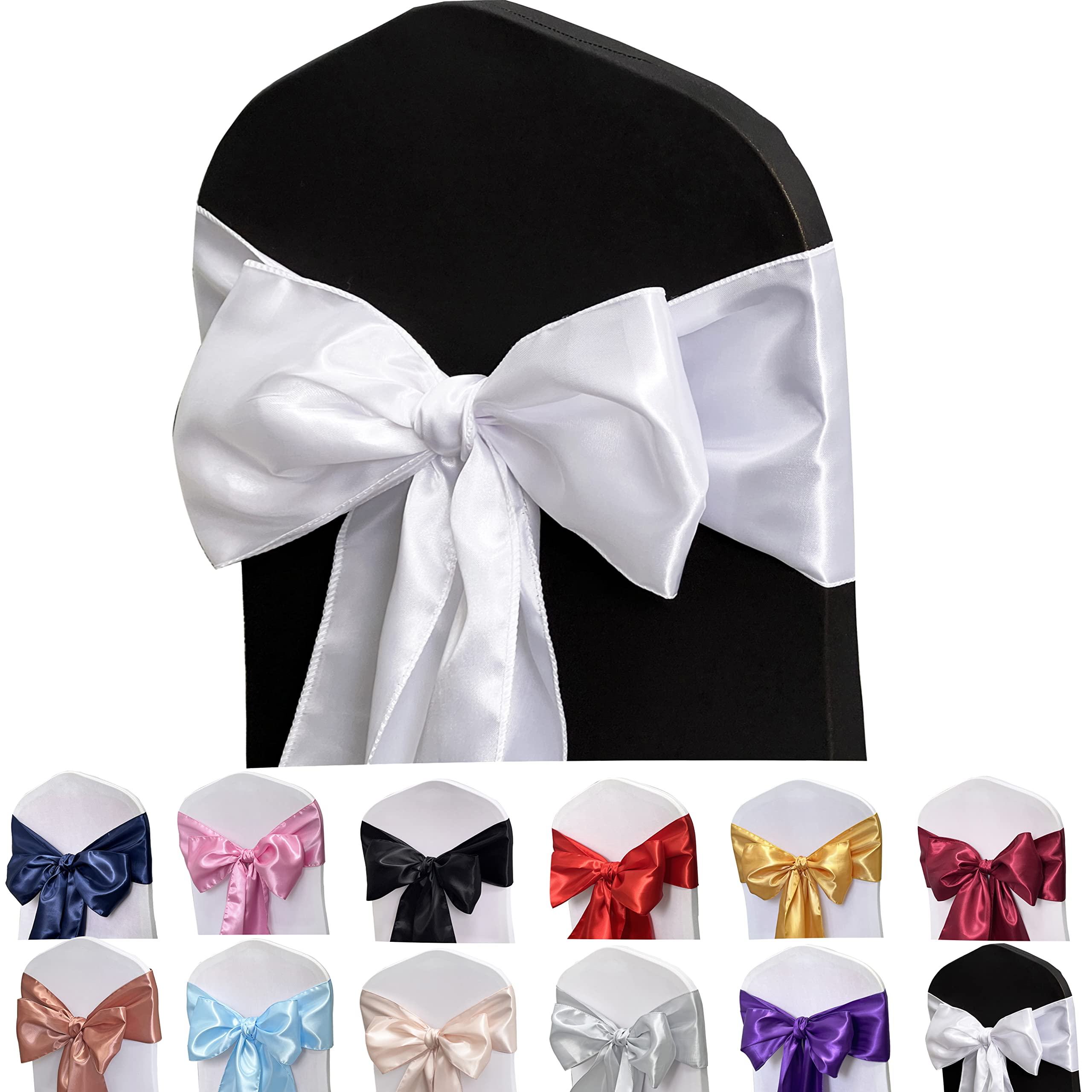 Maiangel Satin Chair Sashes Bows-50Pcs Chair Ribbon Ties Back Sash For Wedding Party Events Banquet Chair Cover Decoration (Whit