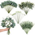 110 Pcs 7 Kinds Mixed Artificial Eucalyptus Stems and Faux Flowers,Fake Silver Dollar Eucalyptus Leaves Stems Bulk Real Touch Le