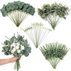 110 Pcs 7 Kinds Mixed Artificial Eucalyptus Stems and Faux Flowers,Fake Silver Dollar Eucalyptus Leaves Stems Bulk Real Touch Le