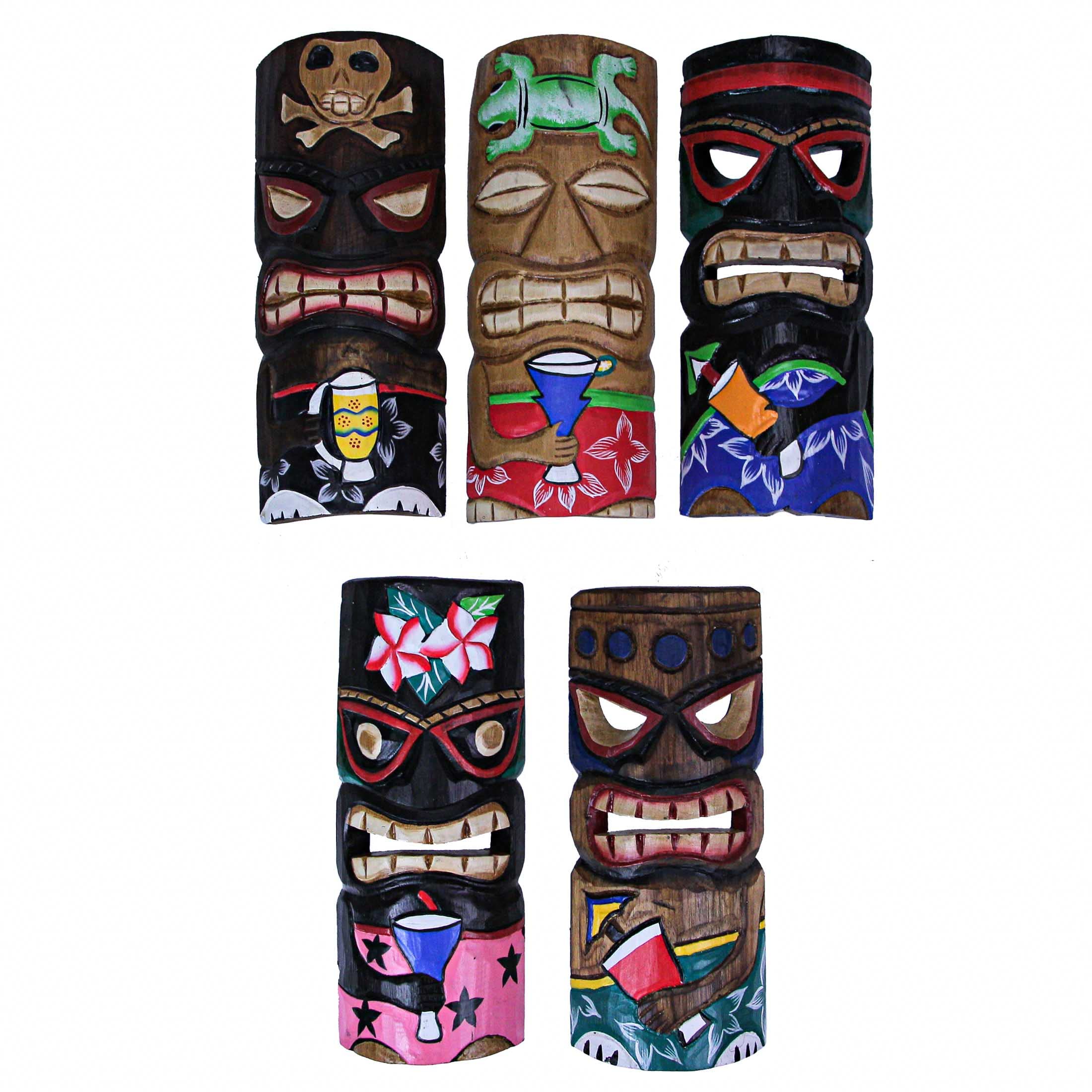 Set of 5 Hand-Carved Polynesian Style Wooden Wall Masks - 12-Inch High Island Decor, Vibrant Hand-Painted Finish - Sustainable W