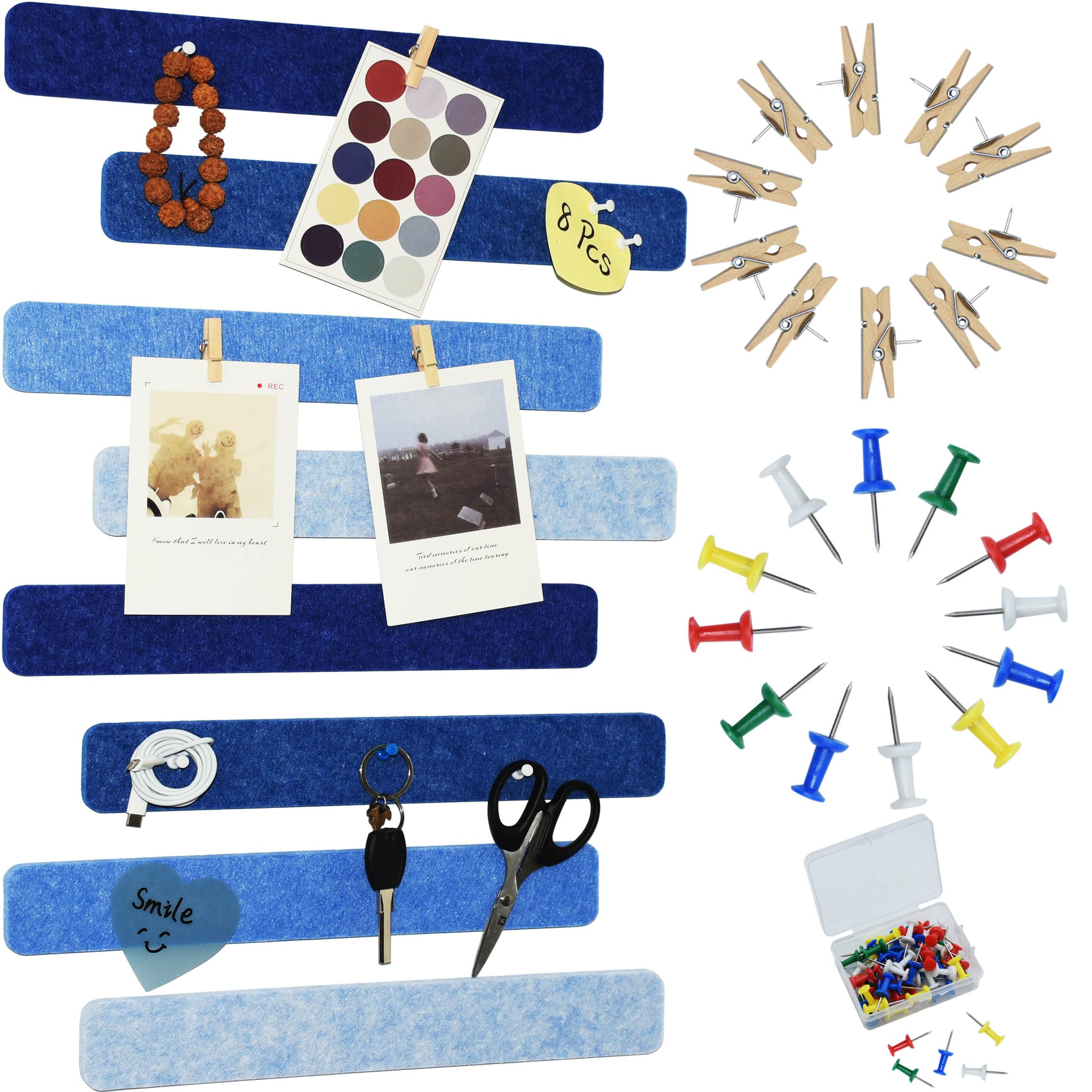 Youdeful 8Pcs Bulletin Board Strips, Blue Felt Pin Board Bar Strips With 50 Pushpins, Self-Adhesive Felt Cork Board Strips For W