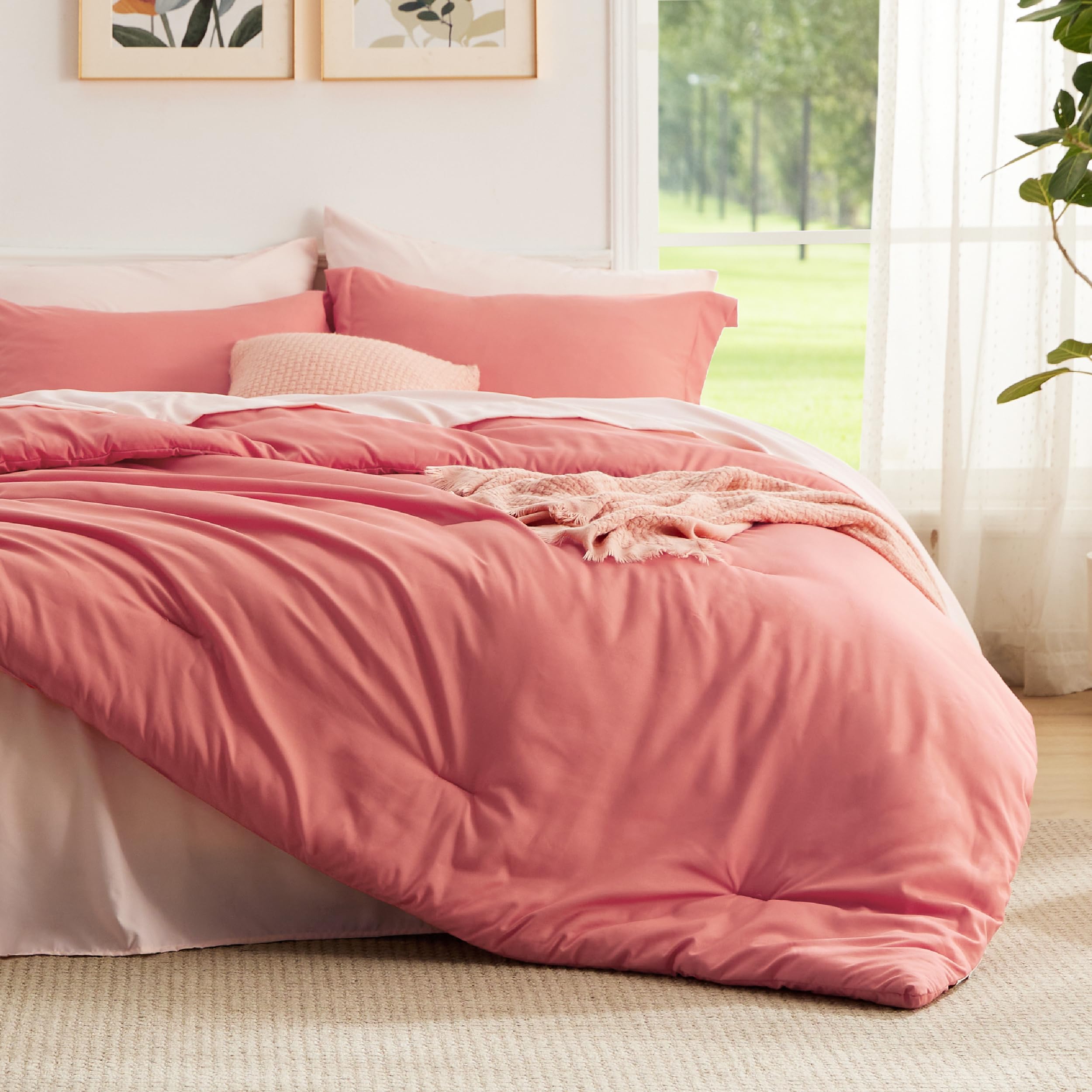 Bedsure King Size Comforter Set - 7 Pieces Coral King Bedding Set For All Seasons, Boho Contrasting Design Bed In A Bag With Comforter, Sheets, Pillowcases & Shams