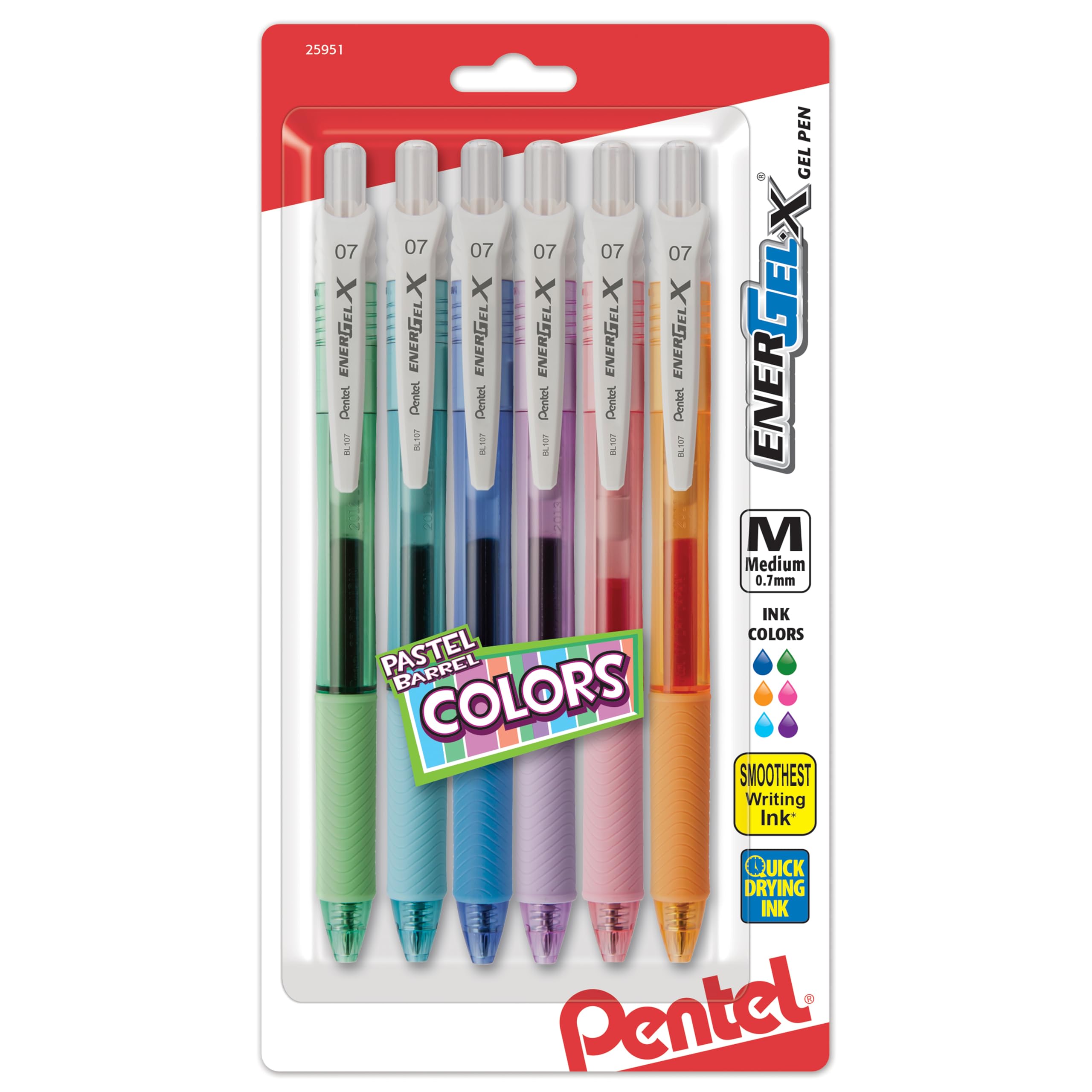 Pentel Energel-X Pastel Barrels Retractable, Medium Line, Assorted Ink Colors Pack Of 6 (Bl107Fbp6M)