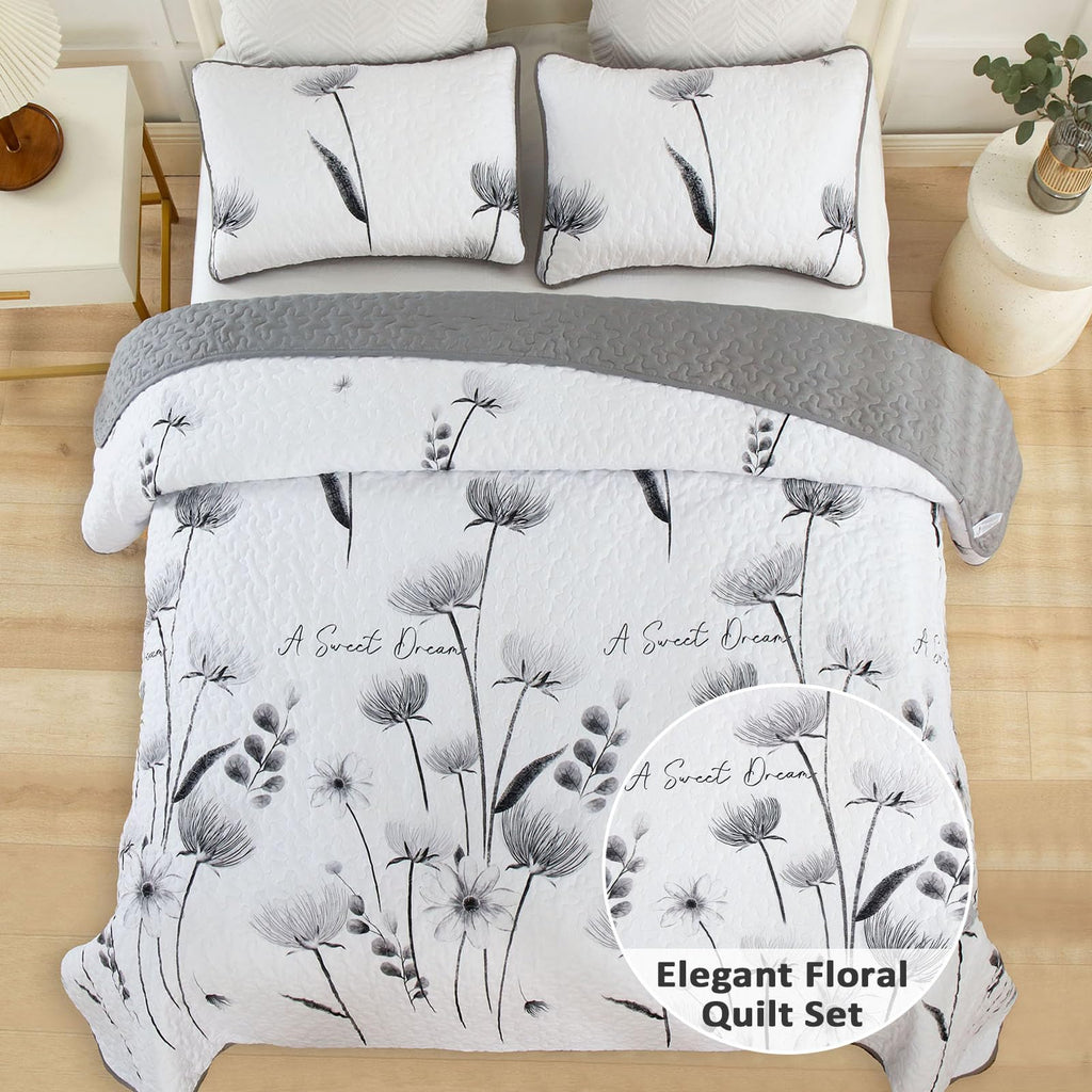 King Size Quilt Set Floral,3 Pieces Grey & White Quilts Coverlet Set Flower Bedspreads Bed Cover Lightweight Fall Quilt Light Gr