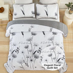 King Size Quilt Set Floral,3 Pieces Grey & White Quilts Coverlet Set Flower Bedspreads Bed Cover Lightweight Fall Quilt Light Gr
