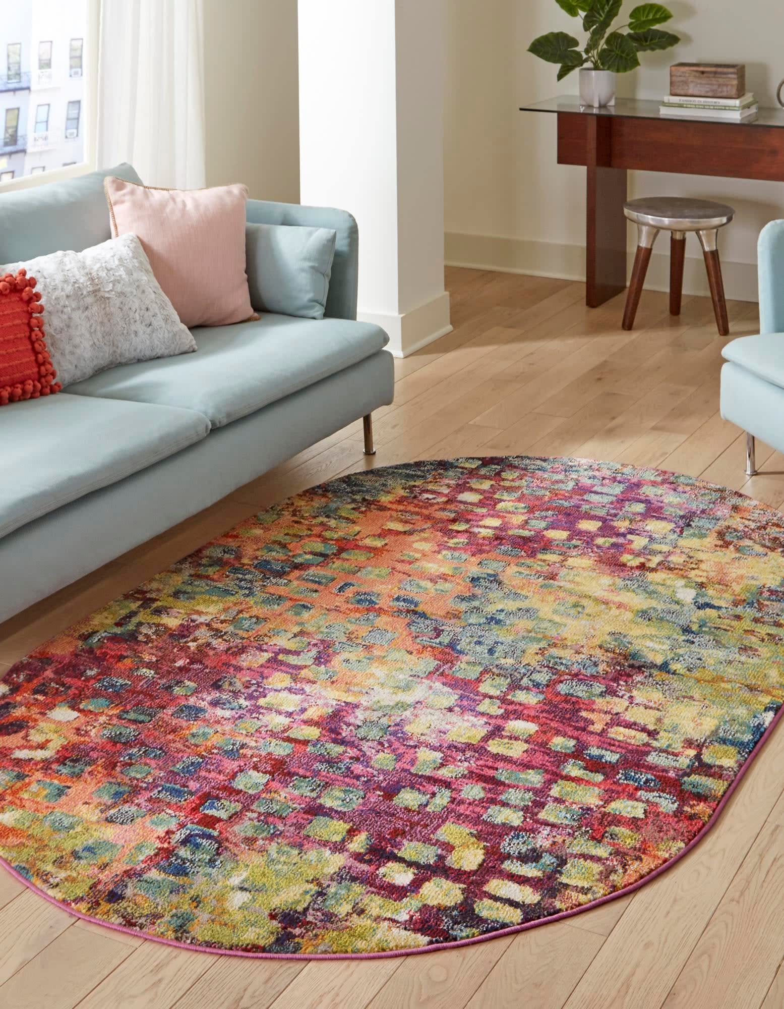 Unique Loom Jardin Collection Colorful, Vibrant, Abstract, Modern Area Rug (3 3 x 5 3 Oval, Multi/Blue)