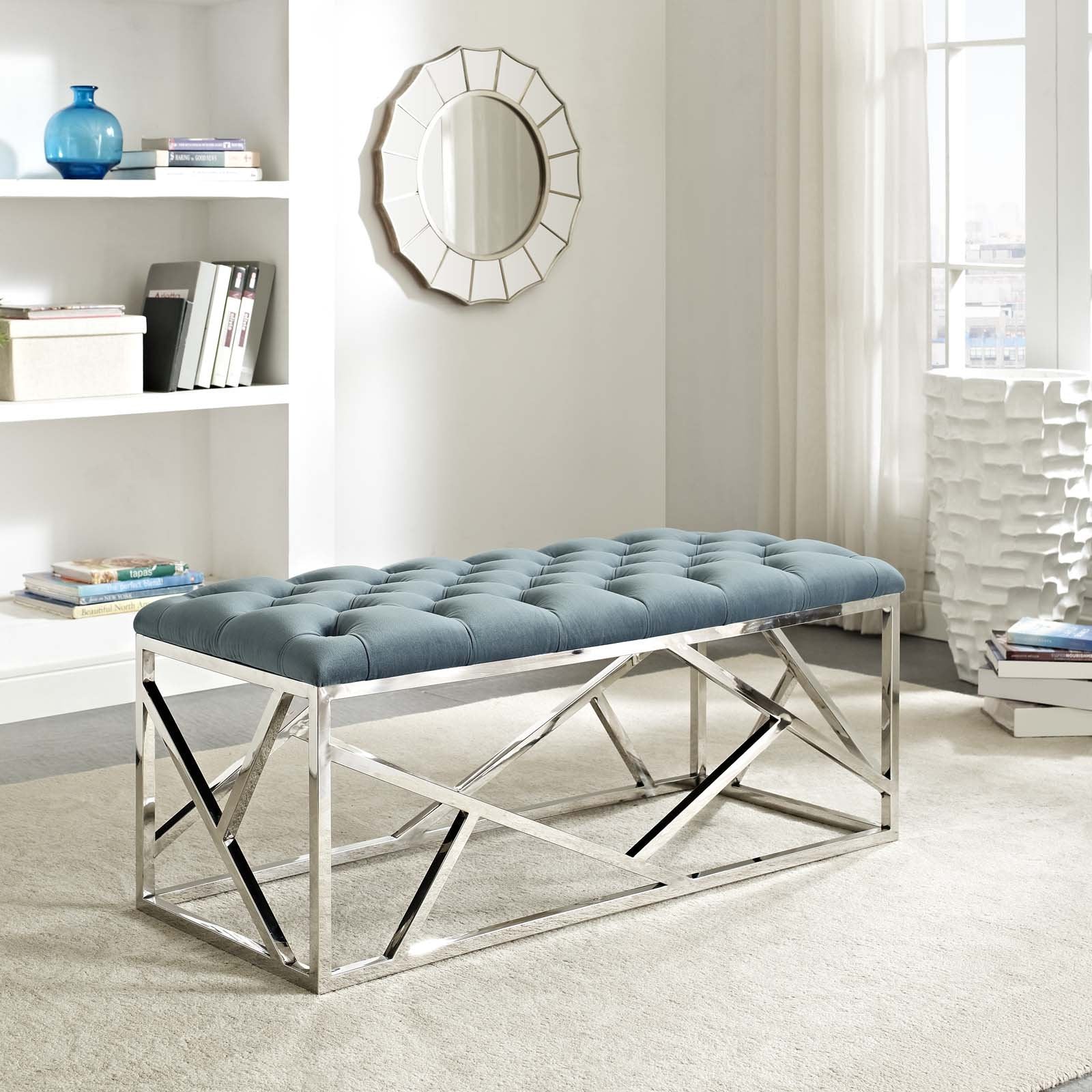 Modway Intersperse Button-Tufted Contemporary Modern Bench With Metallic Geometric Frame, Silver Sea Blue