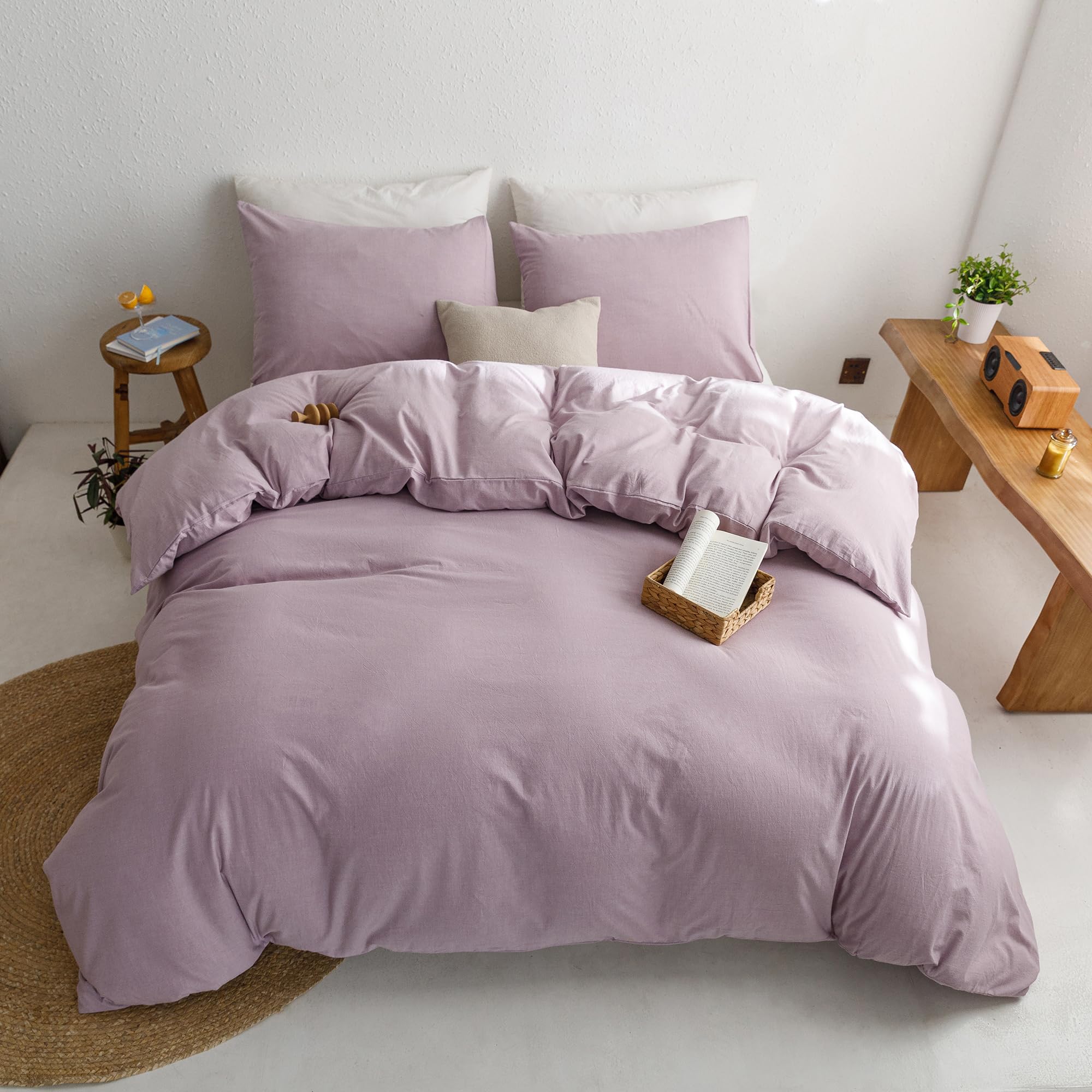 Ecocott Light Purple Duvet Cover King Size - 100% Washed Cotton Durable Soft Comfy Duvet Cover Set, 3 Pieces Duvet Cover With Zi