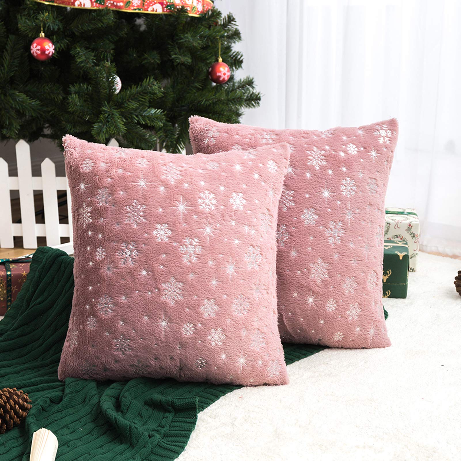 Aqothes Soft Faux Fur Fuzzy Cute Decorative Throw Pillows Covers With Snowflake Glitter Printed Pillowcases For Christmas Decor