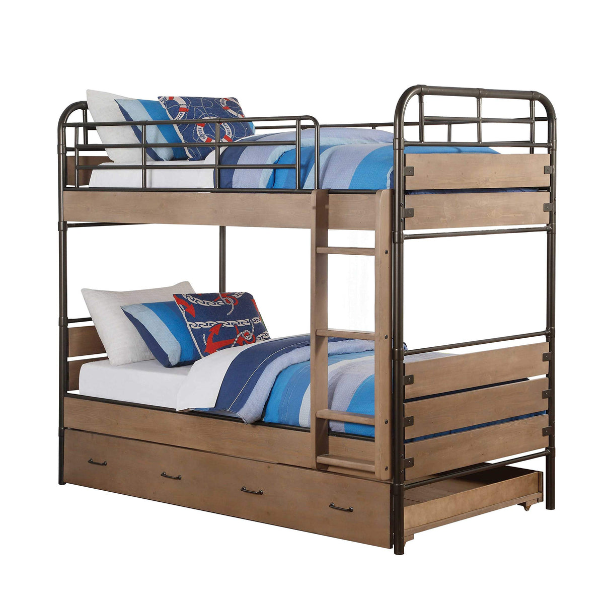 HomeRoots Twin Over Twin Bunk Bed in Antique Oak and Gunmetal - Pine Wood, Metal Tube, MDF, Plywood